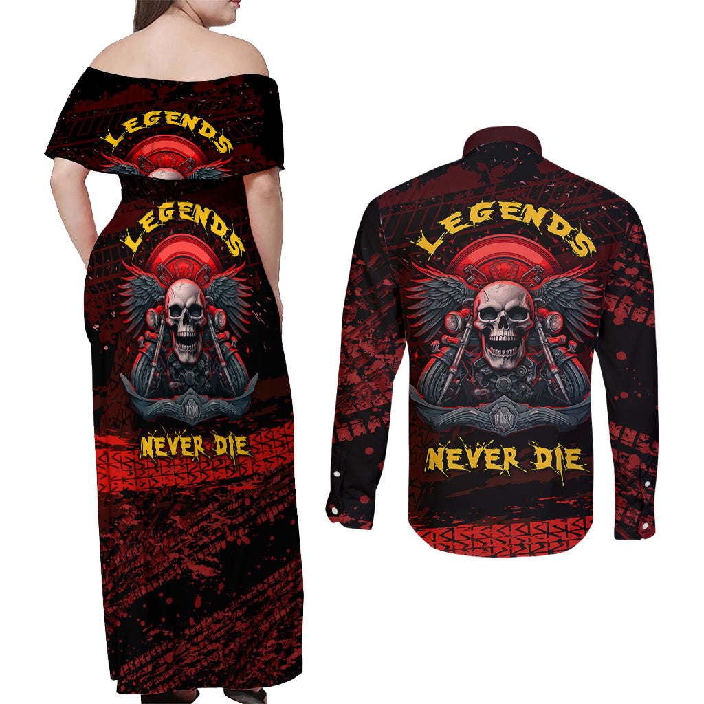 skull-biker-couples-matching-off-shoulder-maxi-dress-and-long-sleeve-button-shirts-legend-never-die