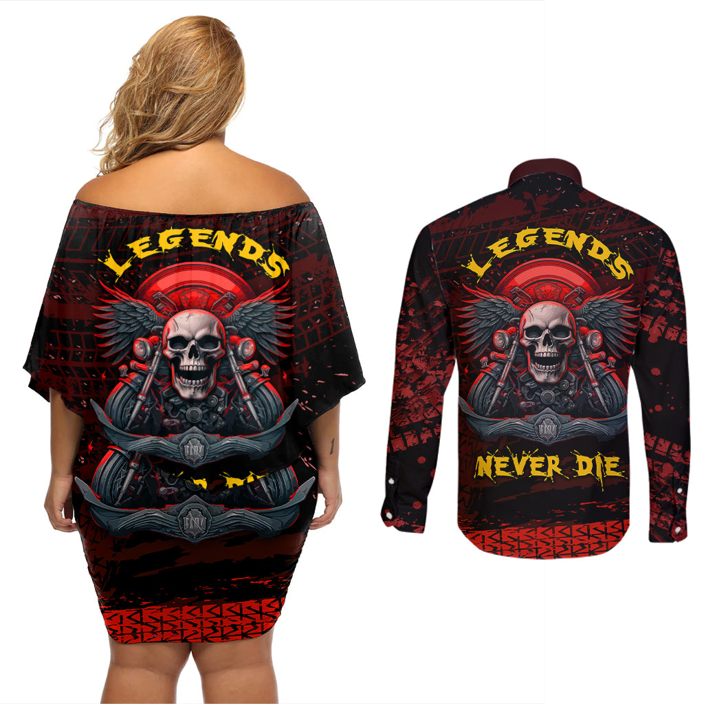 skull-biker-couples-matching-off-shoulder-short-dress-and-long-sleeve-button-shirts-legend-never-die