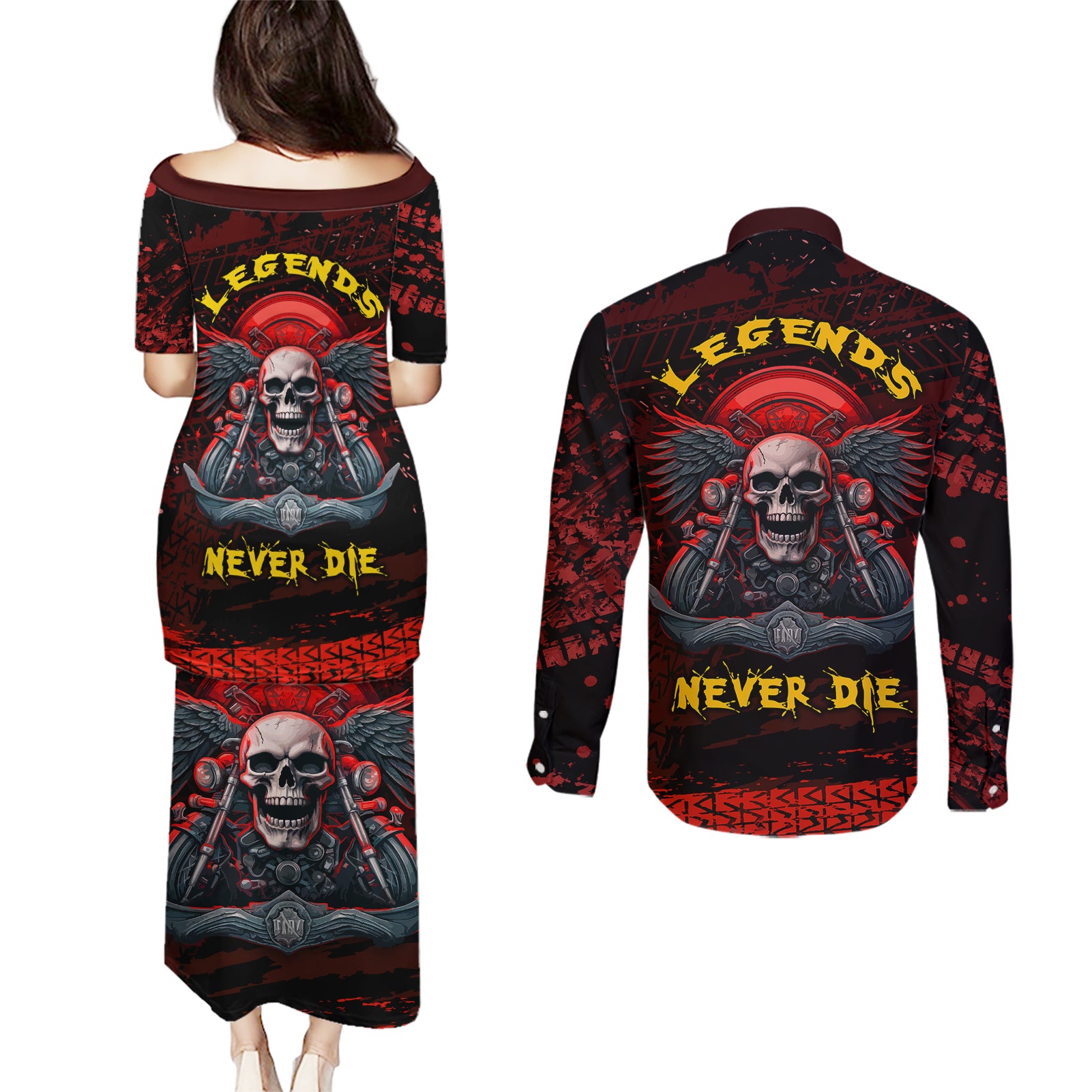 skull-biker-couples-matching-puletasi-dress-and-long-sleeve-button-shirts-legend-never-die