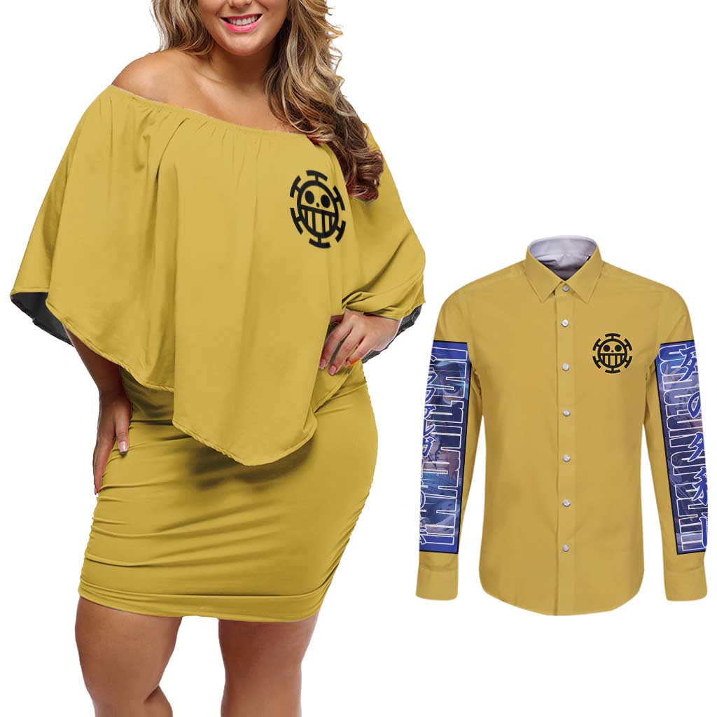 Trafalgar D. Law One Piece Couples Matching Off Shoulder Short Dress and Long Sleeve Button Shirt Anime Style