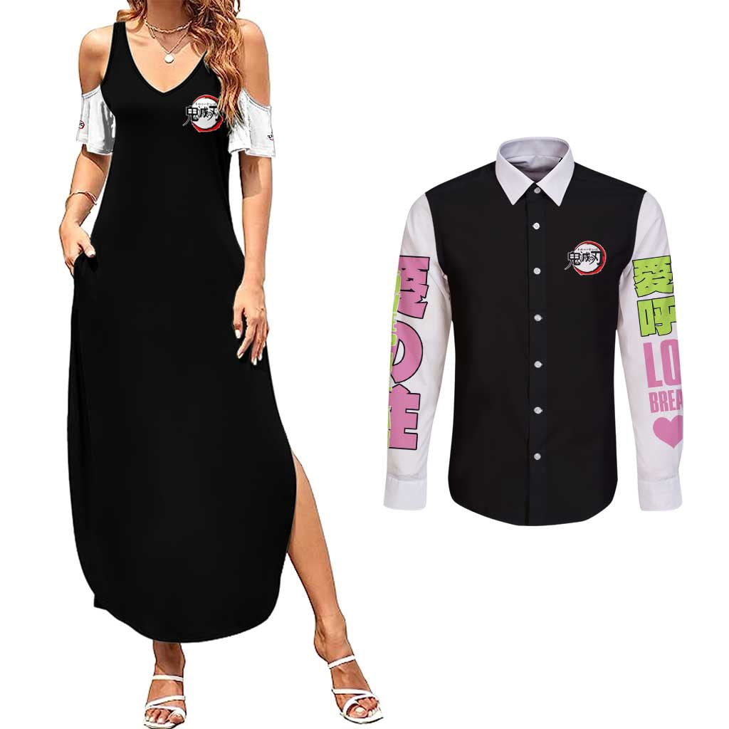 Mitsuri Kanroji V2 Demon Slayer Couples Matching Summer Maxi Dress and Long Sleeve Button Shirt Anime Style