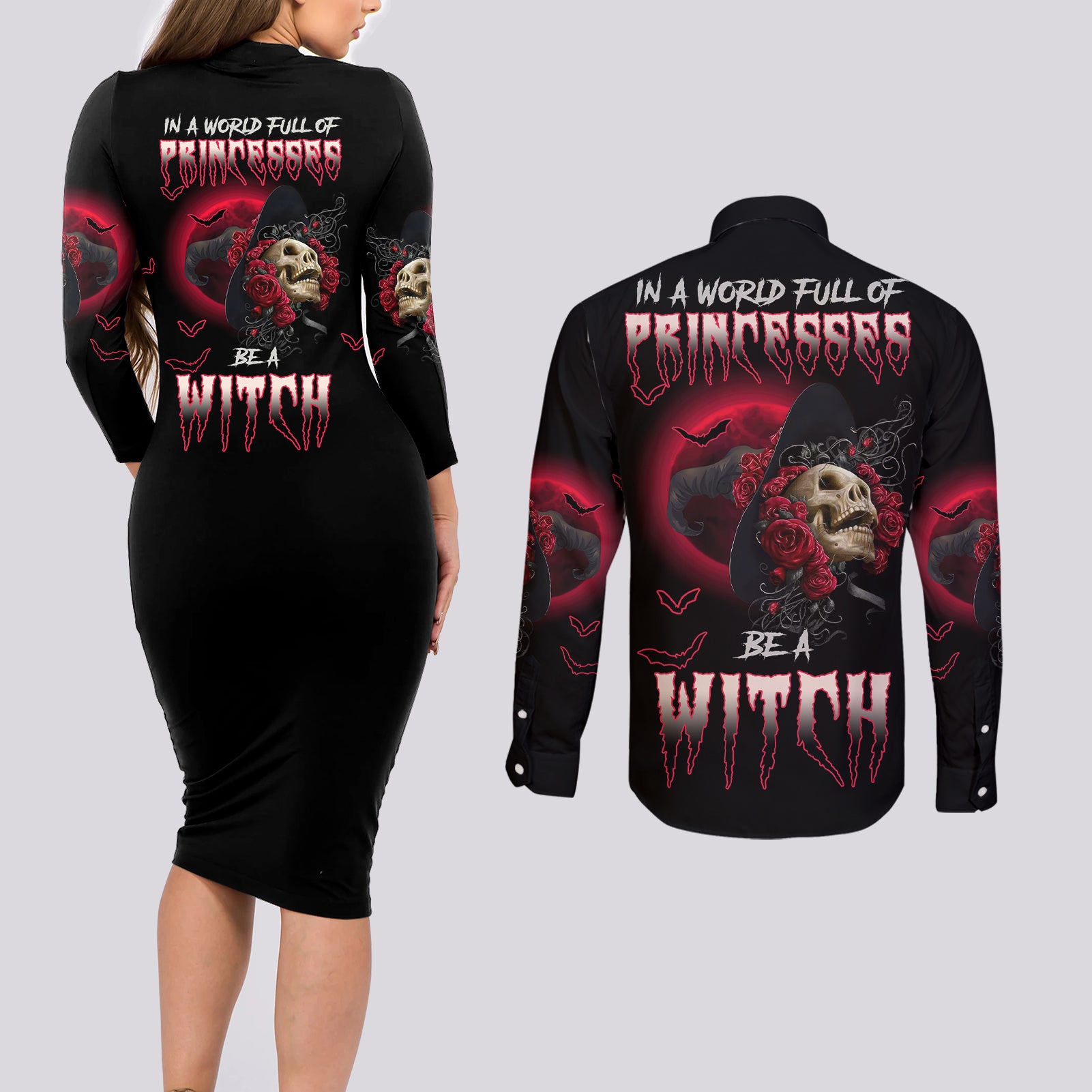 in-a-world-full-of-princesses-be-a-witch-rose-skull-couples-matching-long-sleeve-bodycon-dress-and-long-sleeve-button-shirt