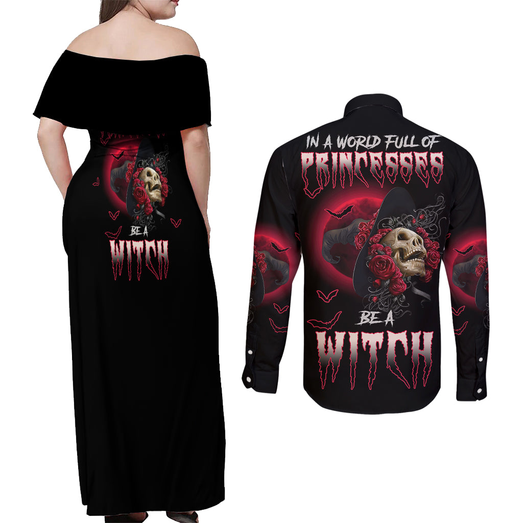 in-a-world-full-of-princesses-be-a-witch-rose-skull-couples-matching-off-shoulder-maxi-dress-and-long-sleeve-button-shirt