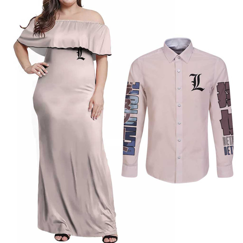 L Death Note Couples Matching Off Shoulder Maxi Dress and Long Sleeve Button Shirt Anime Style