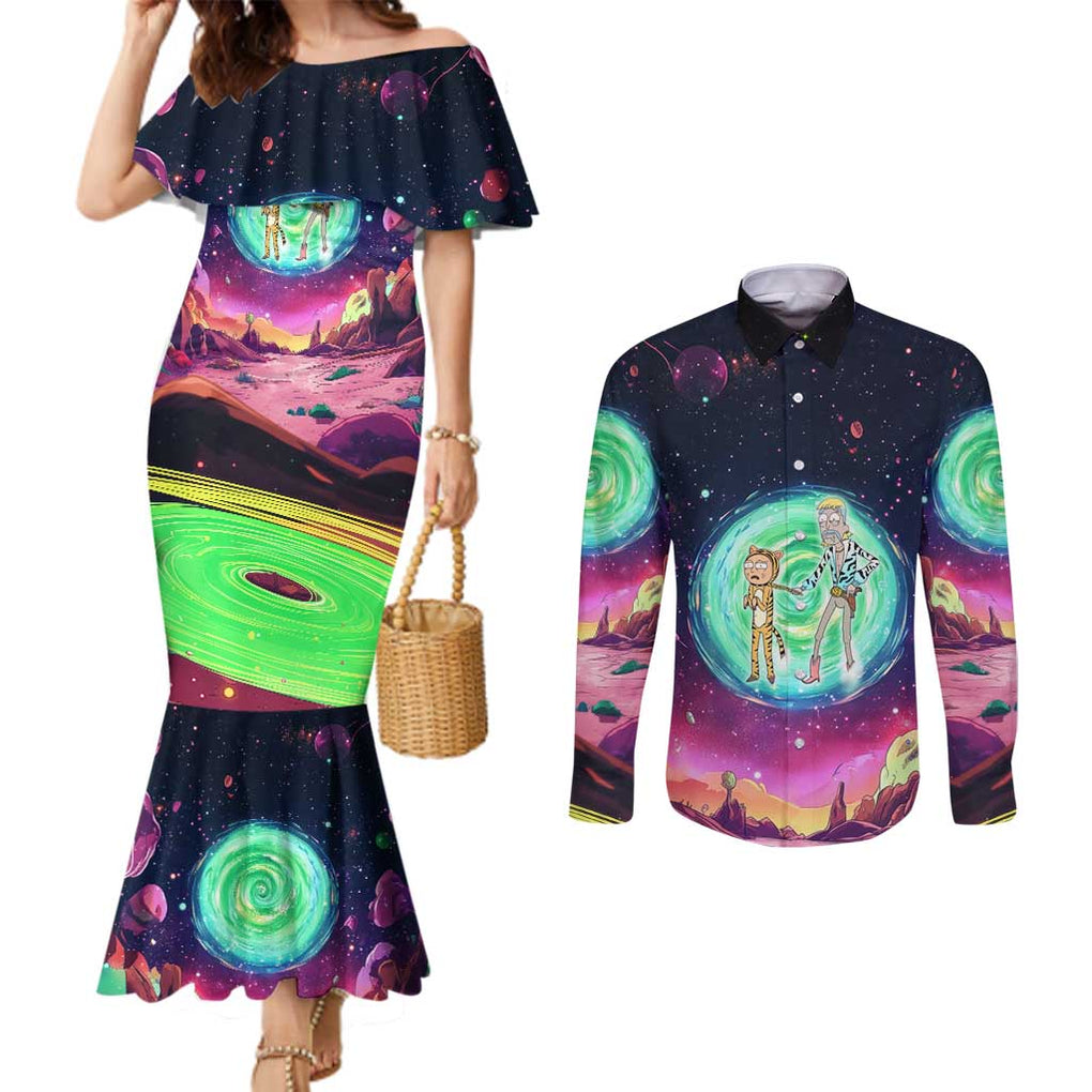 Rick and Morty Tiger King Couples Matching Mermaid Dress and Long Sleeve Button Shirt Trippy Style