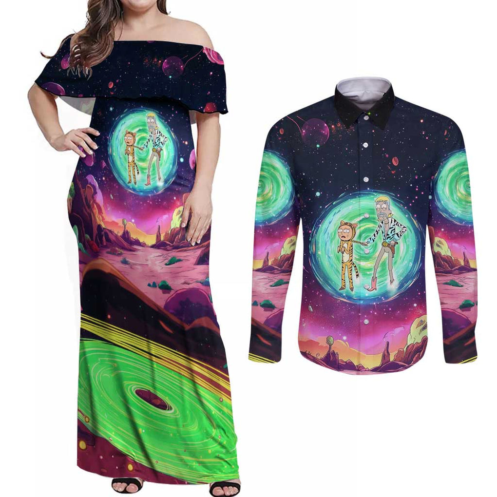 Rick and Morty Tiger King Couples Matching Off Shoulder Maxi Dress and Long Sleeve Button Shirt Trippy Style