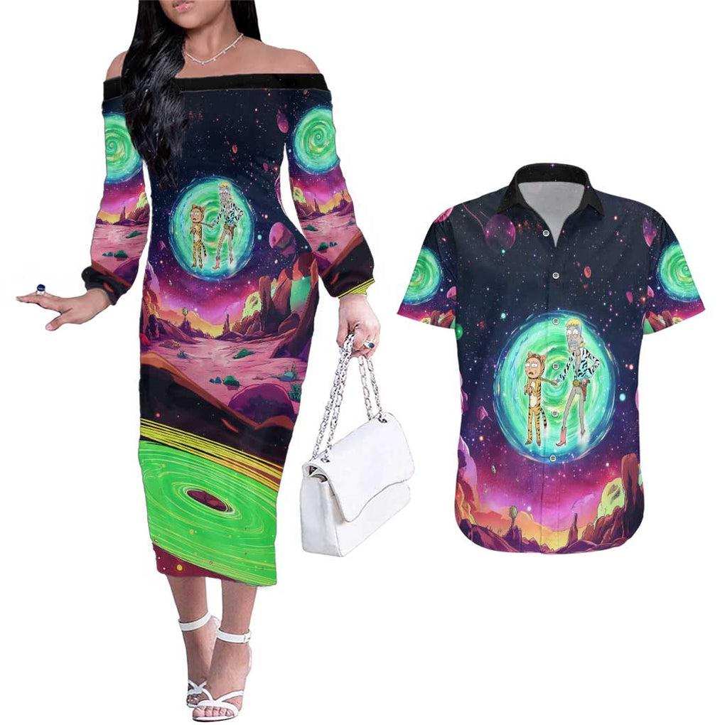 Rick and Morty Tiger King Couples Matching Off The Shoulder Long Sleeve Dress and Hawaiian Shirt Trippy Style