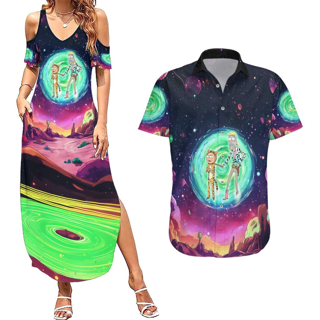 Rick and Morty Tiger King Couples Matching Summer Maxi Dress and Hawaiian Shirt Trippy Style