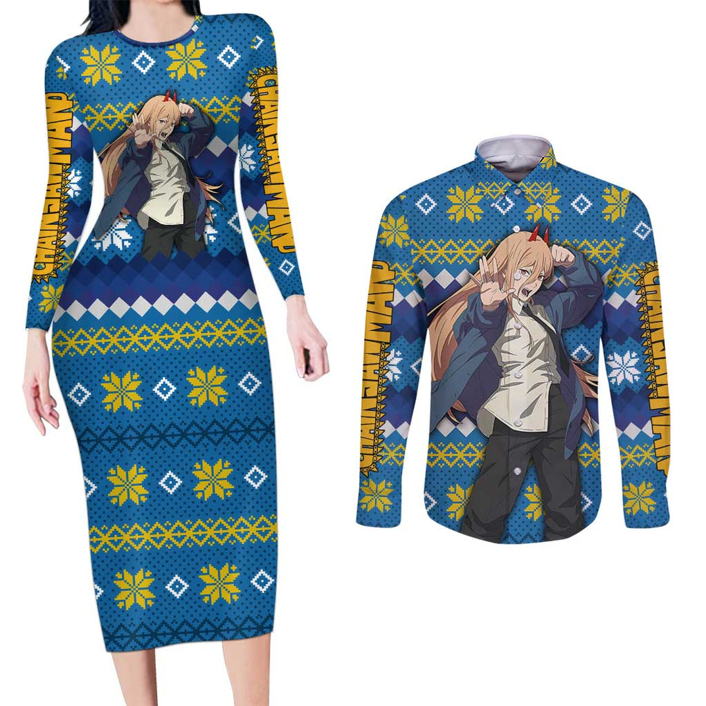 Power - Chainsaw Man Couples Matching Long Sleeve Bodycon Dress and Long Sleeve Button Shirt Anime Mix Christmas Style