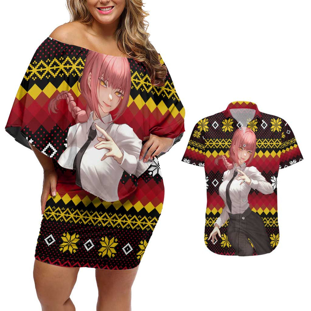 Makima - Chainsaw Man Couples Matching Off Shoulder Short Dress and Hawaiian Shirt Anime Mix Christmas Style