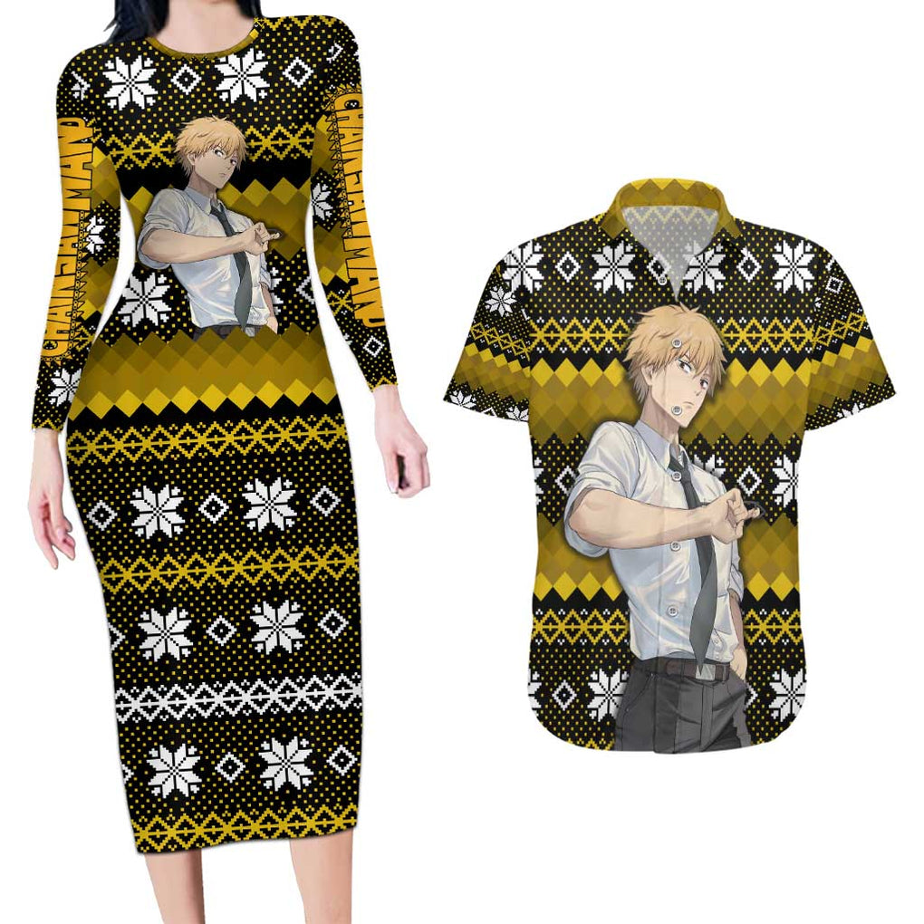 Denji - Chainsaw Man Couples Matching Long Sleeve Bodycon Dress and Hawaiian Shirt Anime Mix Christmas Style