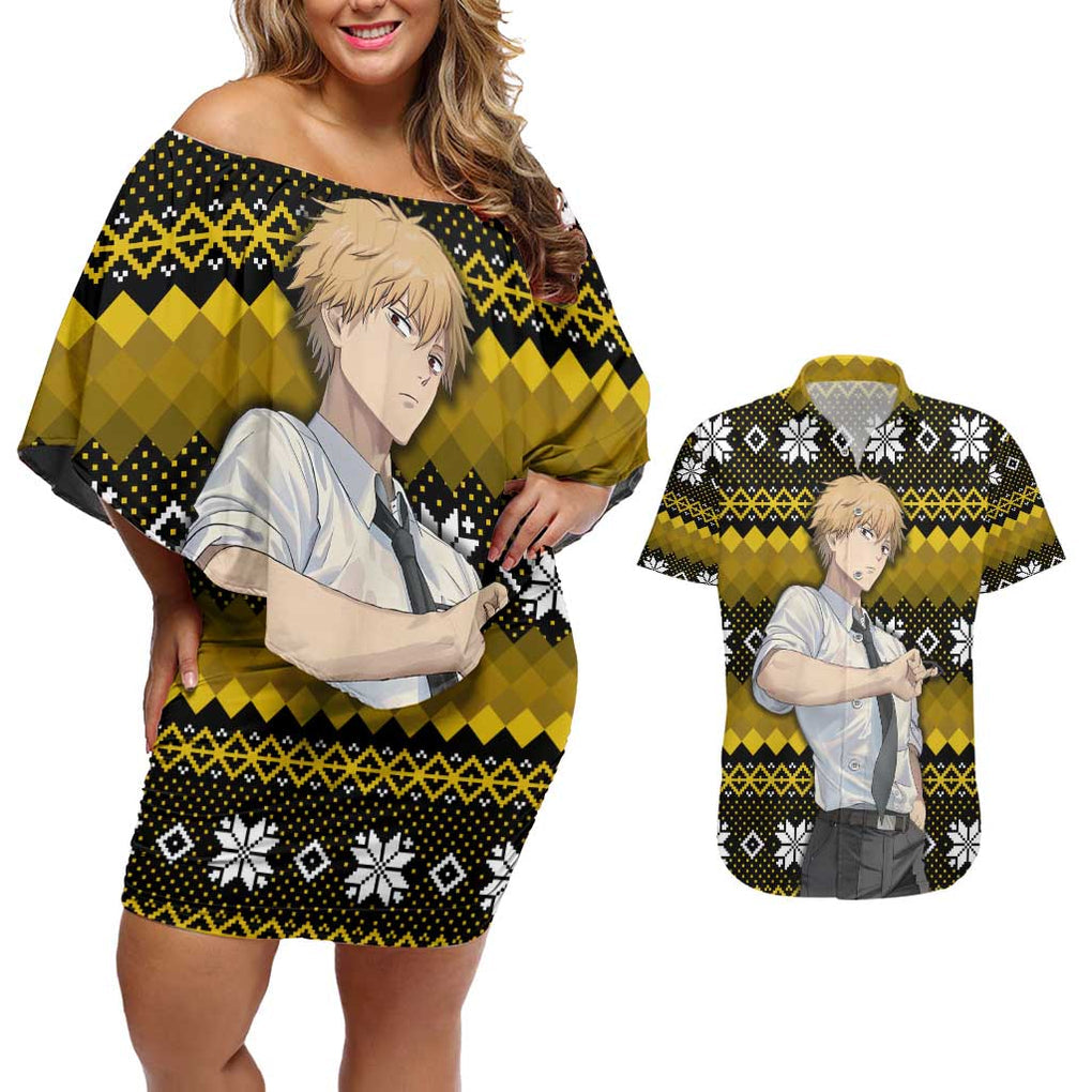 Denji - Chainsaw Man Couples Matching Off Shoulder Short Dress and Hawaiian Shirt Anime Mix Christmas Style