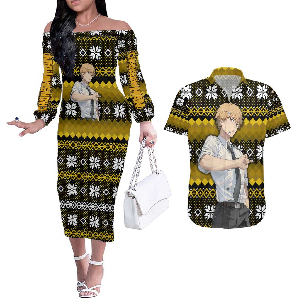 Denji - Chainsaw Man Couples Matching Off The Shoulder Long Sleeve Dress and Hawaiian Shirt Anime Mix Christmas Style