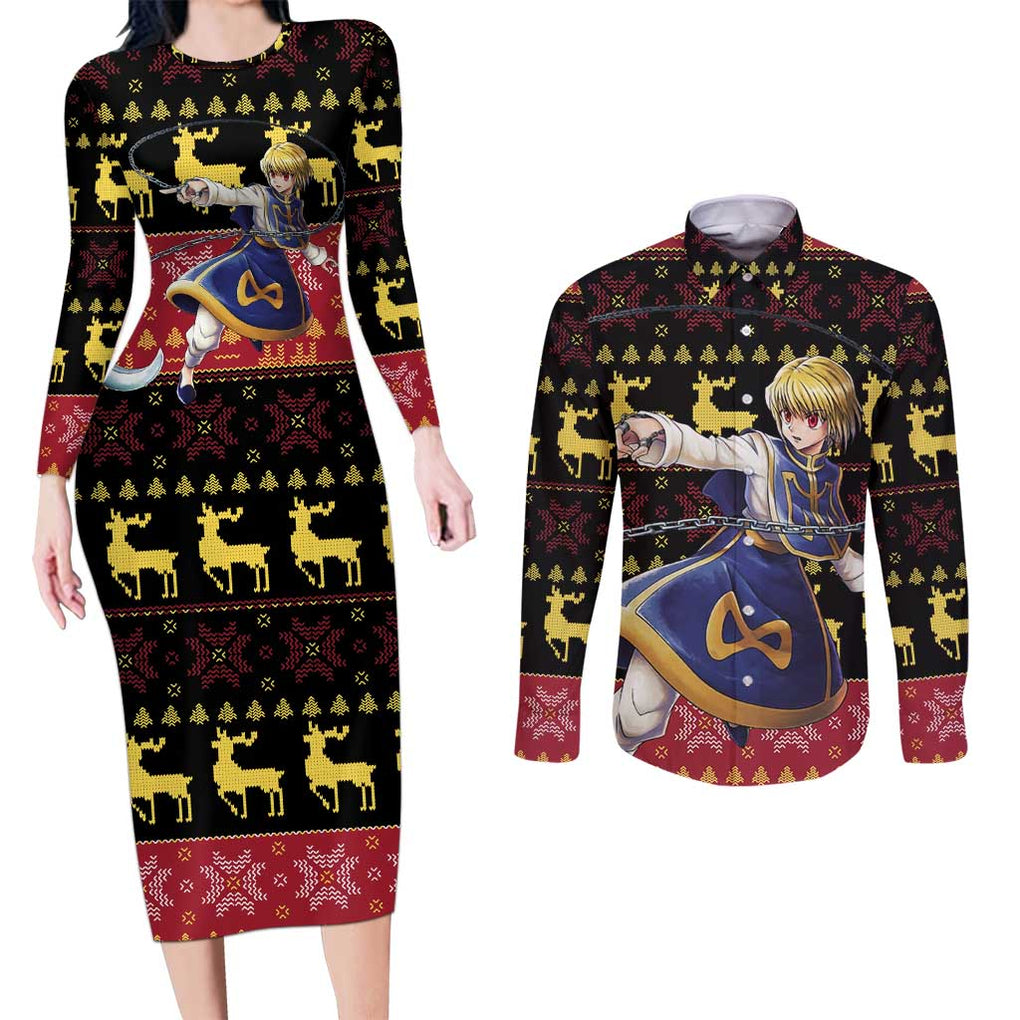 Kurapika - Hunter X Hunter Couples Matching Long Sleeve Bodycon Dress and Long Sleeve Button Shirt Anime Mix Christmas Style