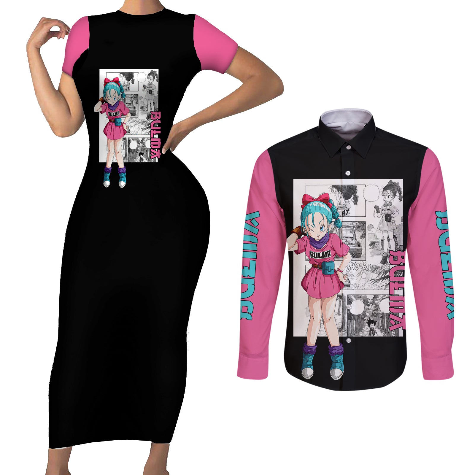 Bulma Couples Matching Short Sleeve Bodycon Dress and Long Sleeve Button Shirt Dragon Ball