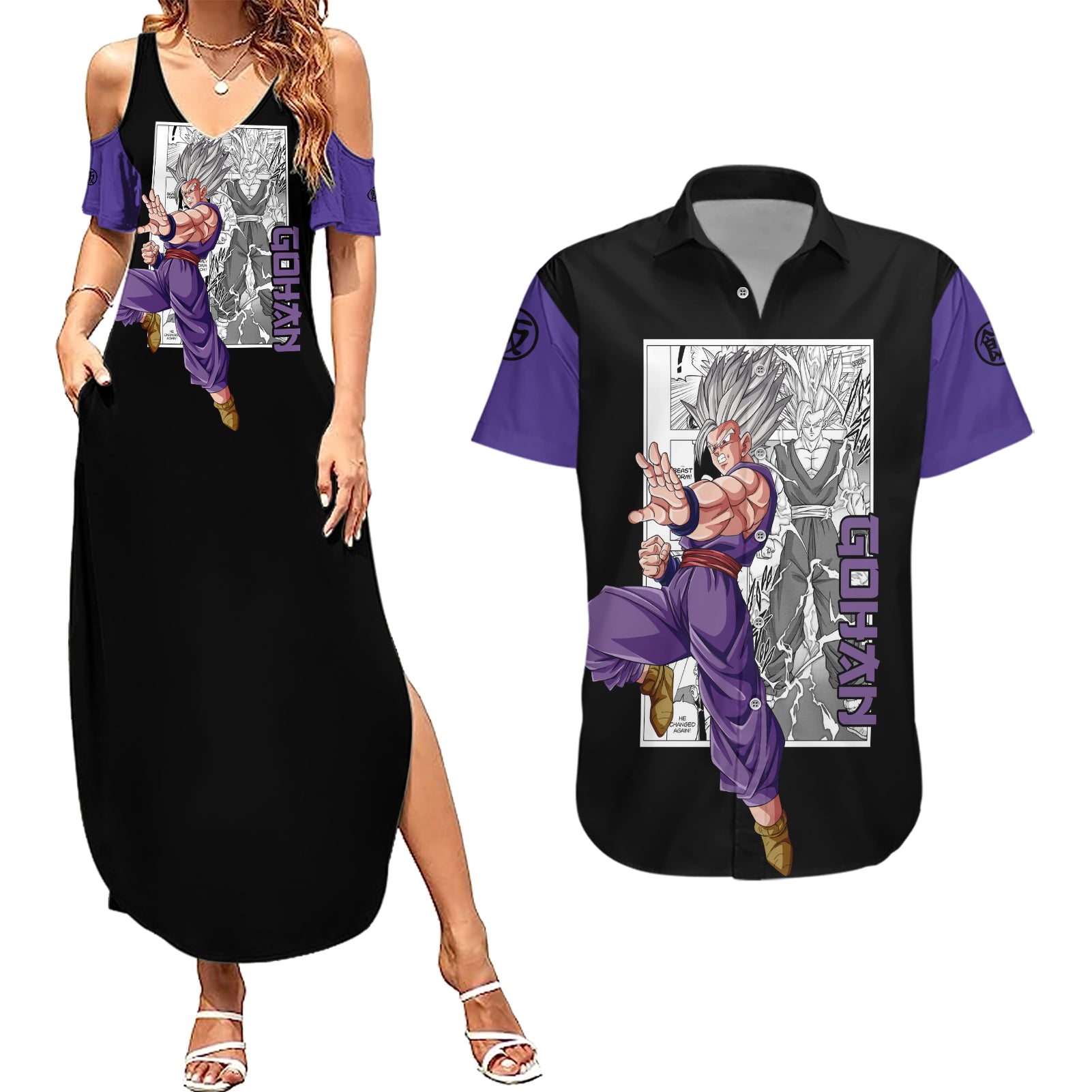 Gohan Beast Couples Matching Summer Maxi Dress and Hawaiian Shirt Dragon Ball Anime Mix Manga