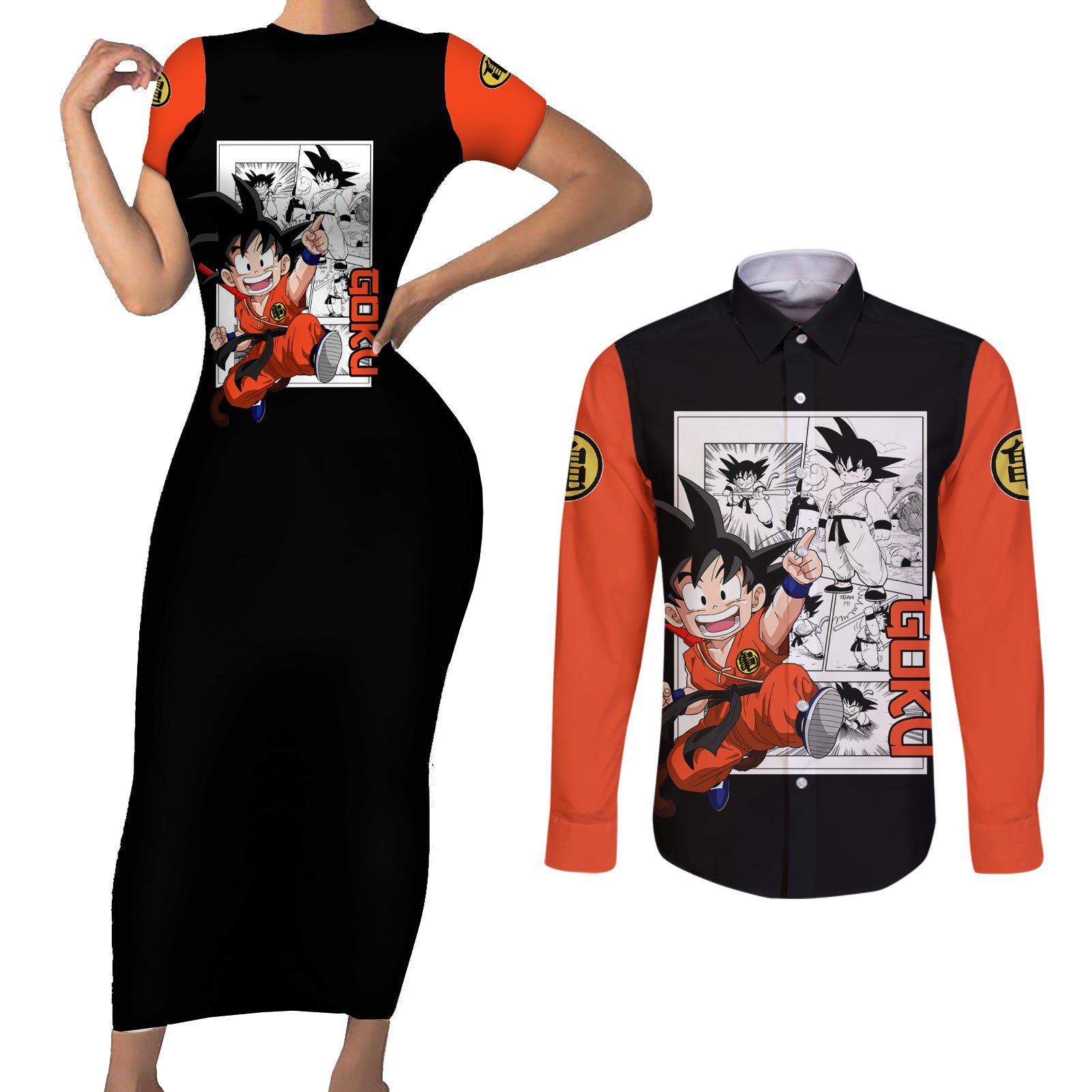 Goku Kid Couples Matching Short Sleeve Bodycon Dress and Long Sleeve Button Shirt Dragon Ball Anime Mix Manga