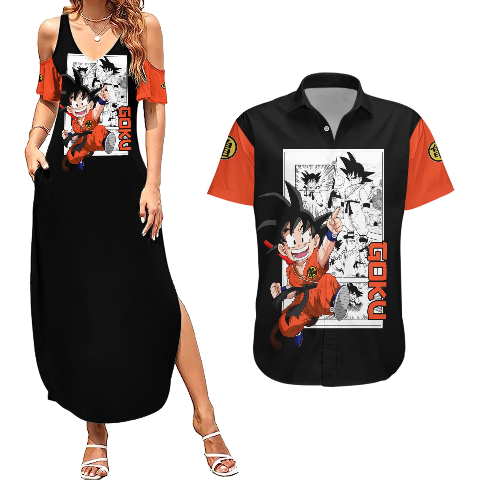 Goku Kid Couples Matching Summer Maxi Dress and Hawaiian Shirt Dragon Ball Anime Mix Manga