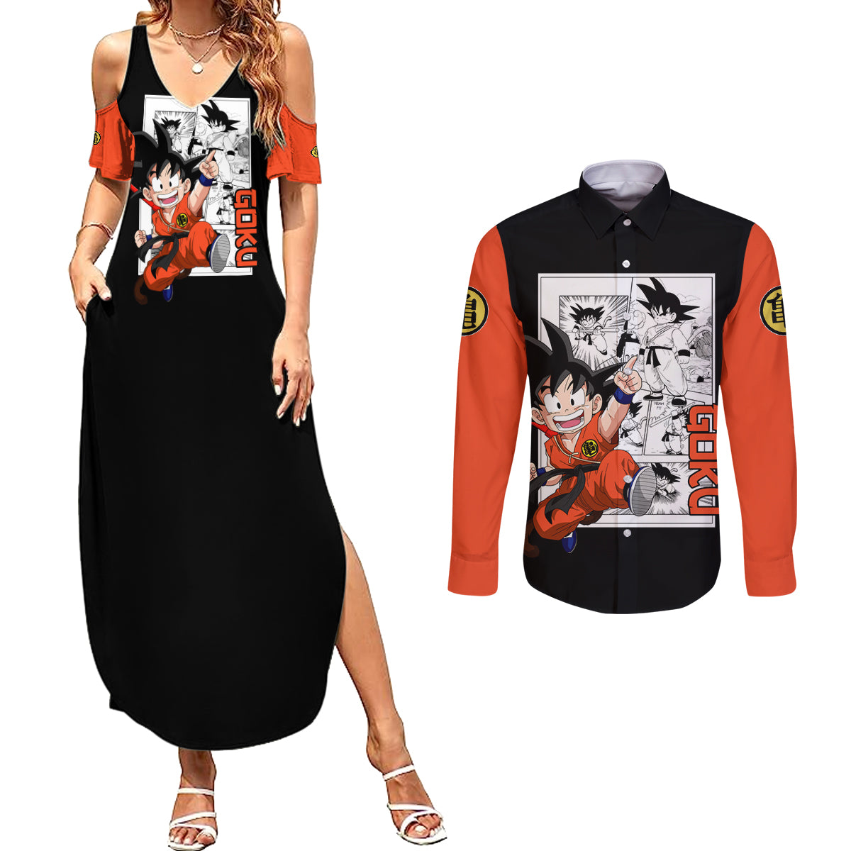 Goku Kid Couples Matching Summer Maxi Dress and Long Sleeve Button Shirt Dragon Ball Anime Mix Manga