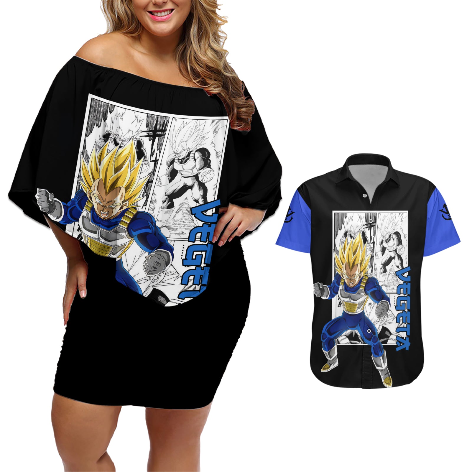 Vegeta Super Saiyan 2 Couples Matching Off Shoulder Short Dress and Hawaiian Shirt Dragon Ball