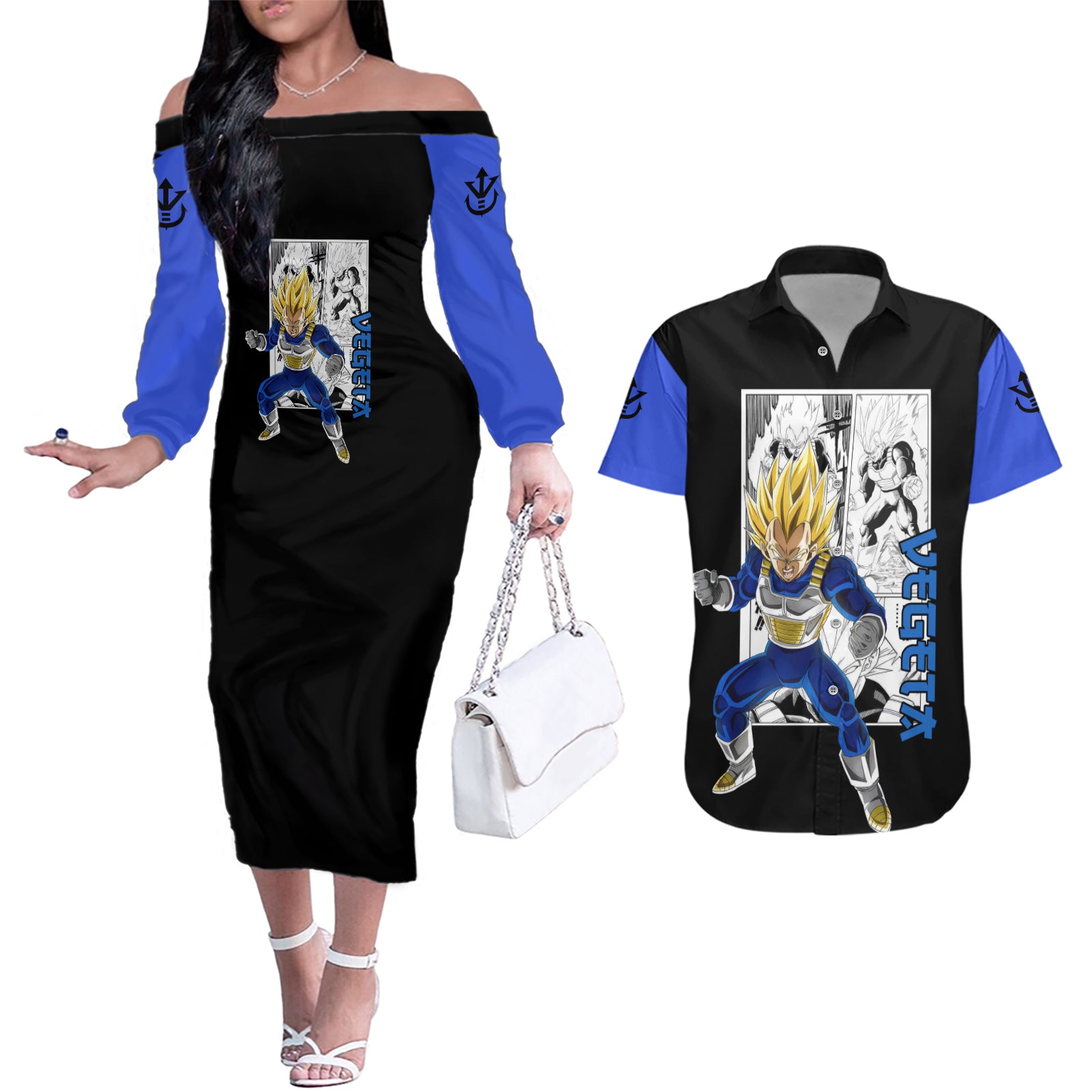 Vegeta Super Saiyan 2 Couples Matching Off The Shoulder Long Sleeve Dress and Hawaiian Shirt Dragon Ball