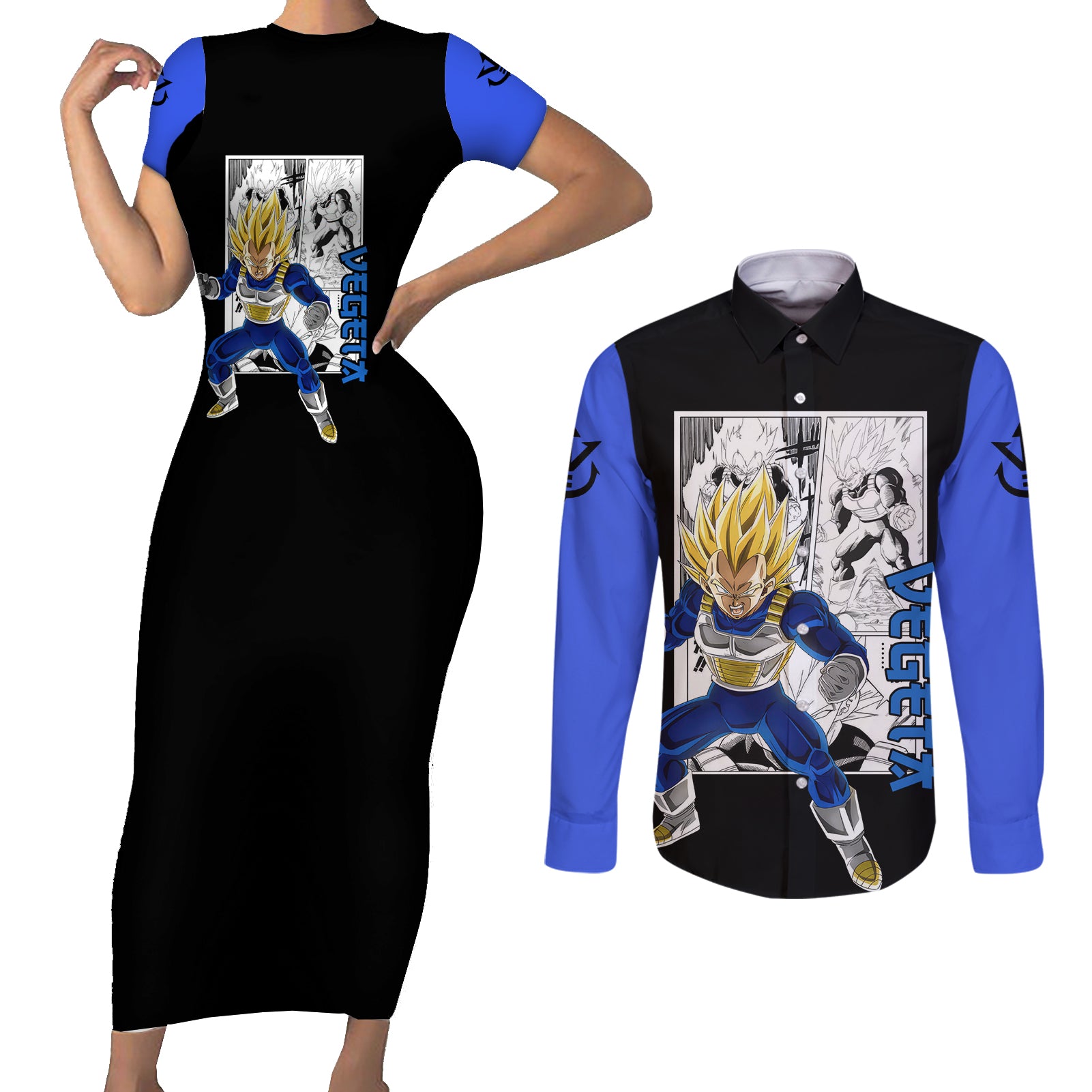 Vegeta Super Saiyan 2 Couples Matching Short Sleeve Bodycon Dress and Long Sleeve Button Shirt Dragon Ball