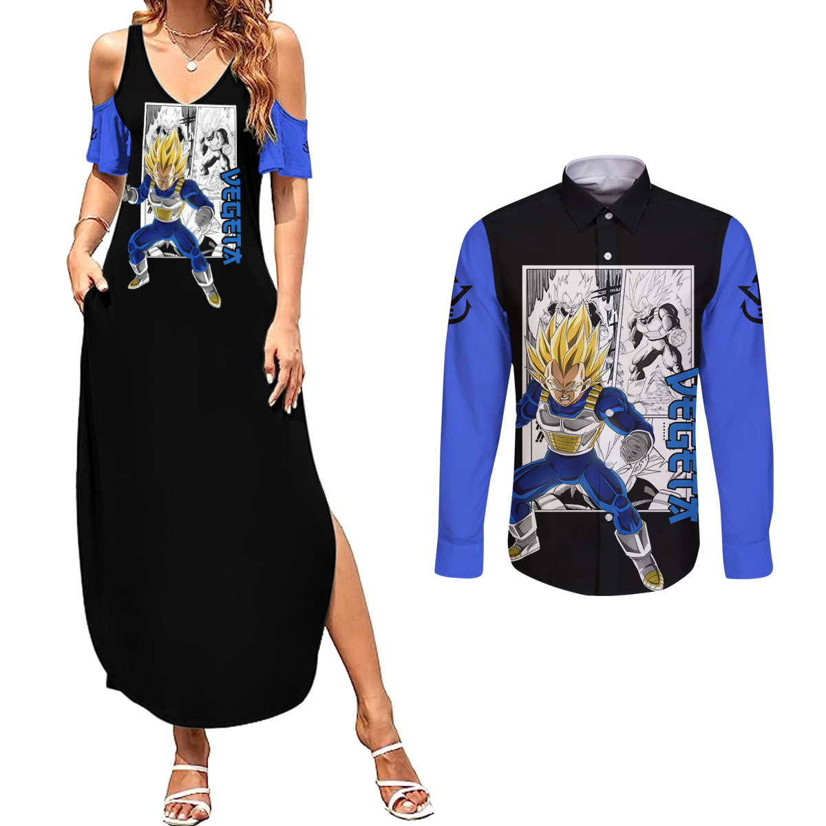 Vegeta Super Saiyan 2 Couples Matching Summer Maxi Dress and Long Sleeve Button Shirt Dragon Ball