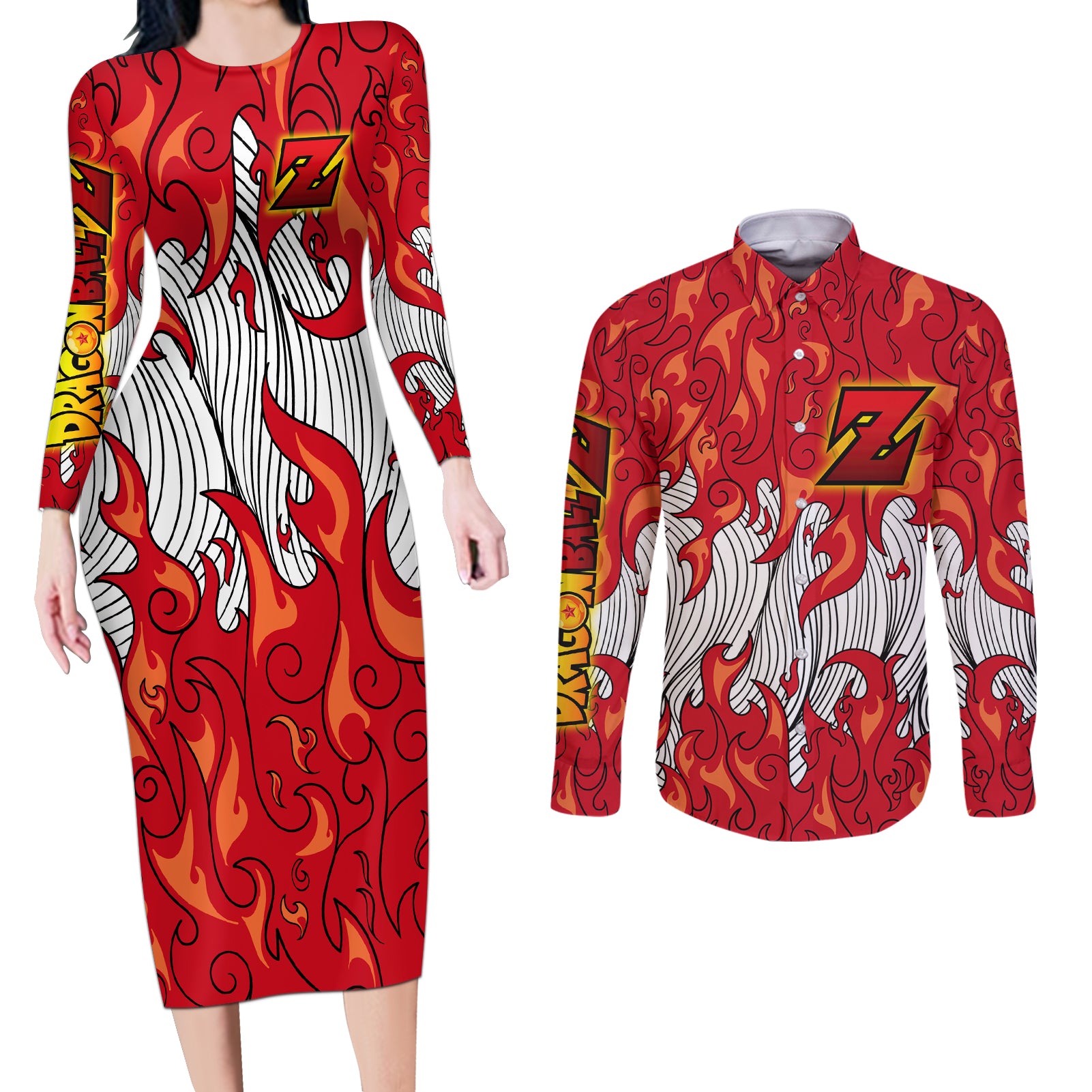 Shenron Couples Matching Long Sleeve Bodycon Dress and Long Sleeve Button Shirt Dragon Ball