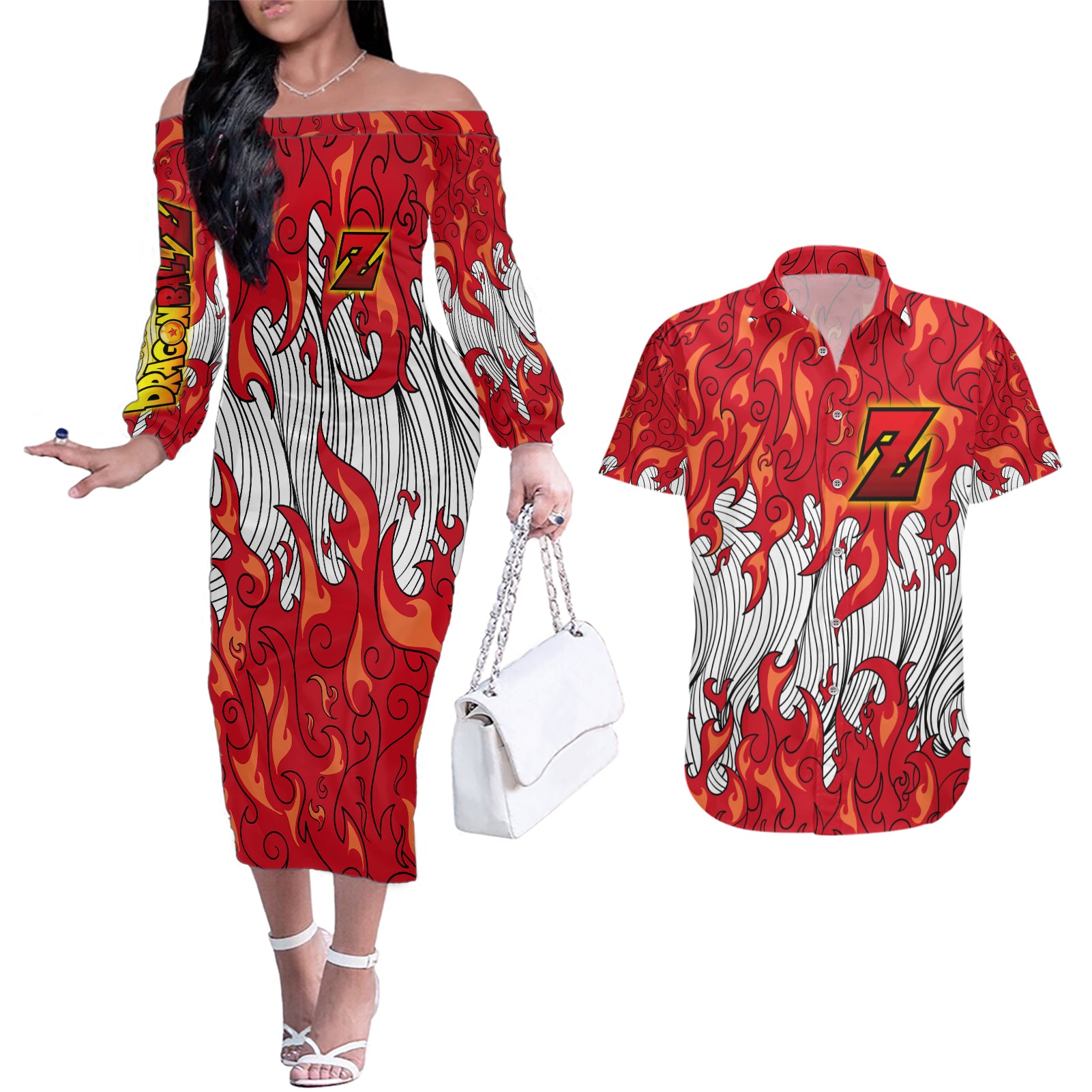 Shenron Couples Matching Off The Shoulder Long Sleeve Dress and Hawaiian Shirt Dragon Ball