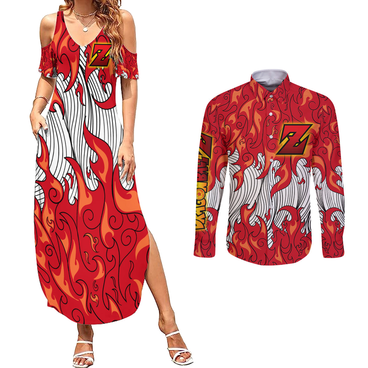 Shenron Couples Matching Summer Maxi Dress and Long Sleeve Button Shirt Dragon Ball