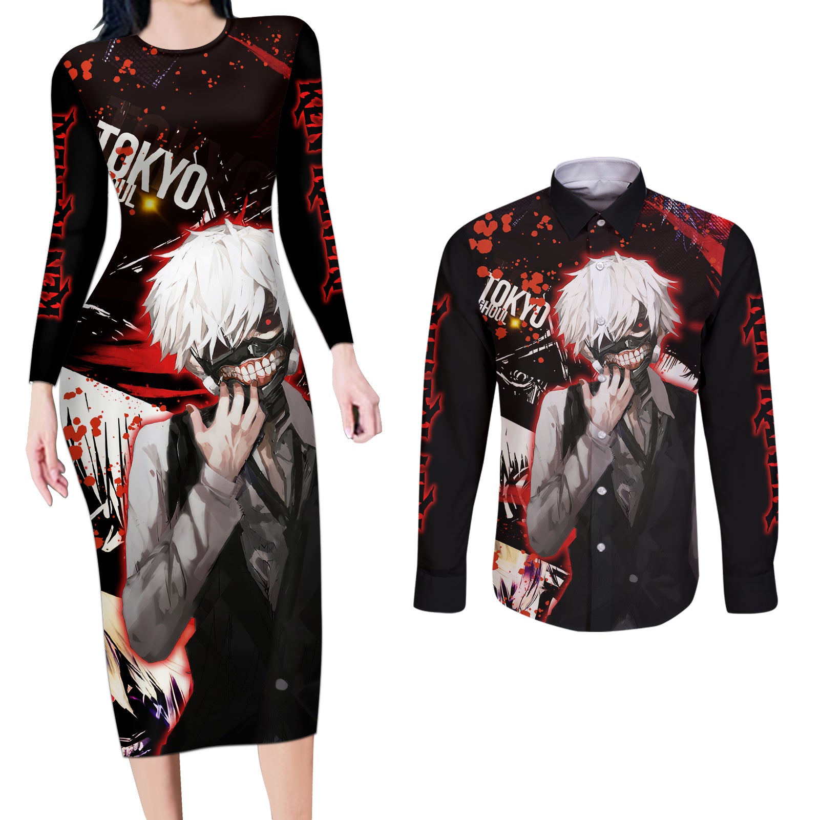 Ken Kaneki Couples Matching Long Sleeve Bodycon Dress and Long Sleeve Button Shirt Tokyo Ghoul TS04