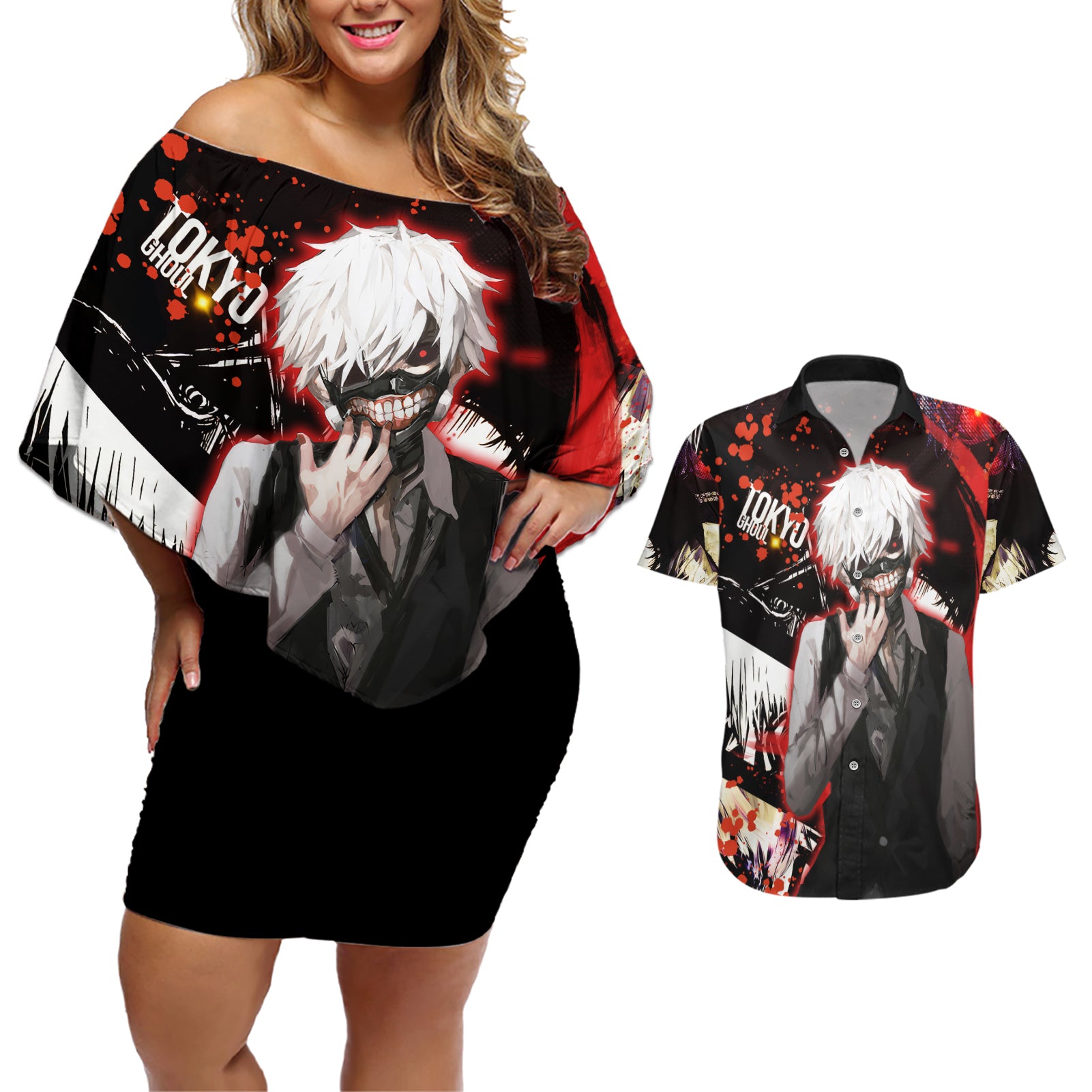 Ken Kaneki Couples Matching Off Shoulder Short Dress and Hawaiian Shirt Tokyo Ghoul TS04