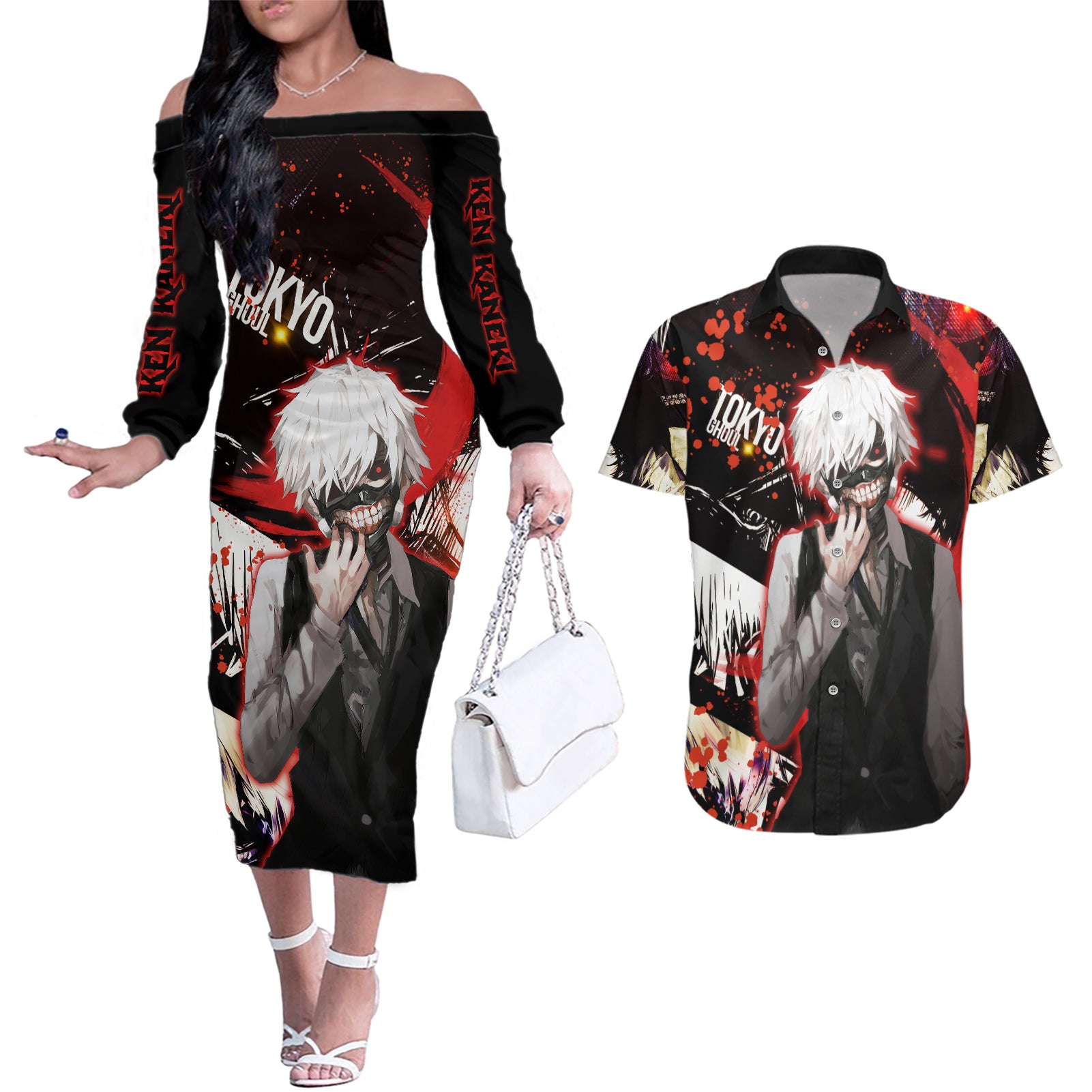 Ken Kaneki Couples Matching Off The Shoulder Long Sleeve Dress and Hawaiian Shirt Tokyo Ghoul TS04