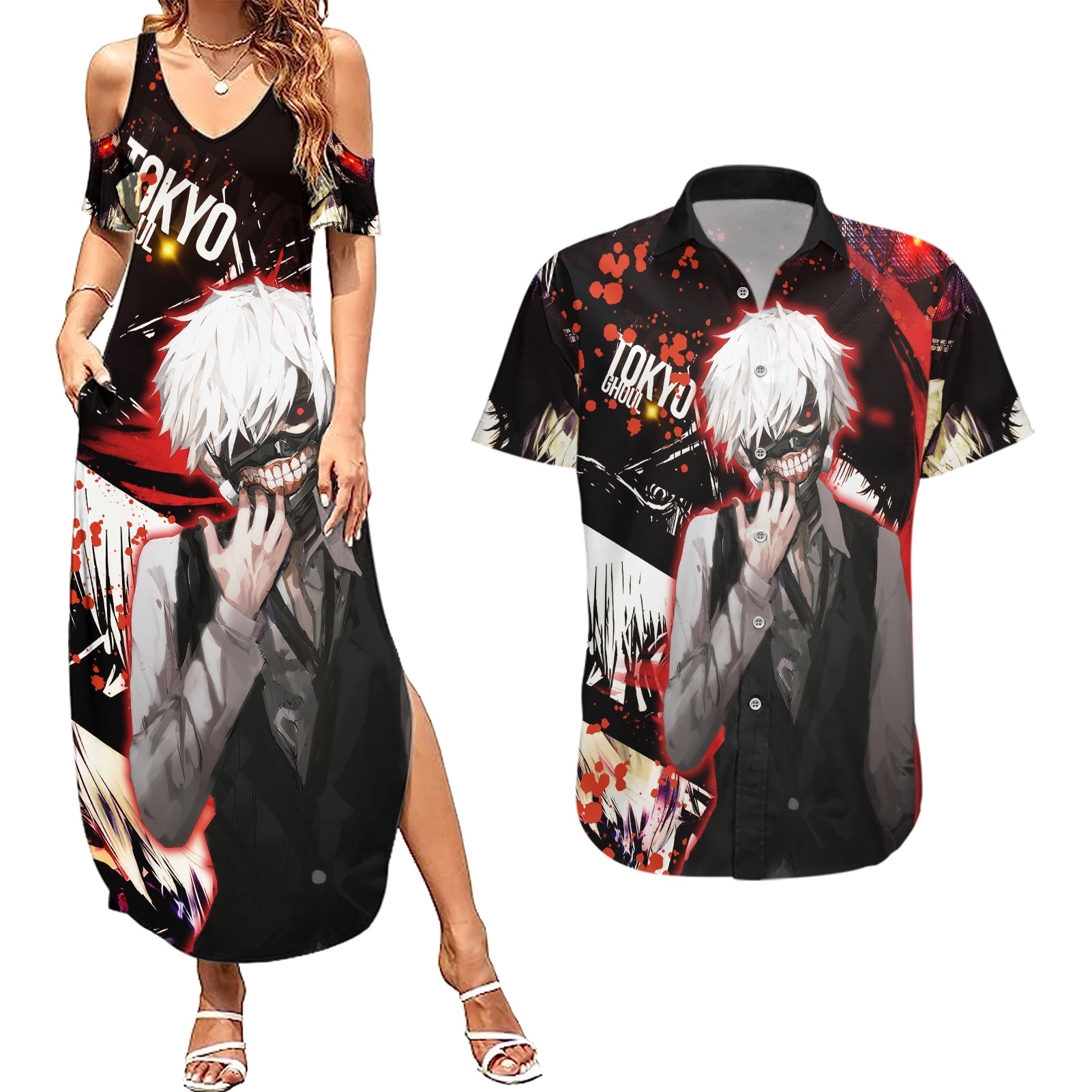 Ken Kaneki Couples Matching Summer Maxi Dress and Hawaiian Shirt Tokyo Ghoul TS04