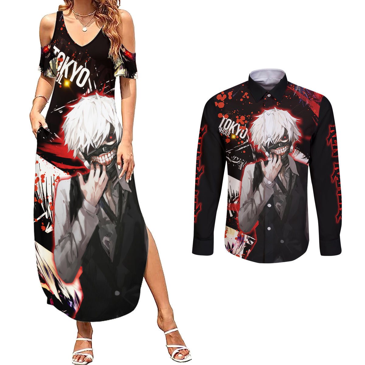 Ken Kaneki Couples Matching Summer Maxi Dress and Long Sleeve Button Shirt Tokyo Ghoul TS04