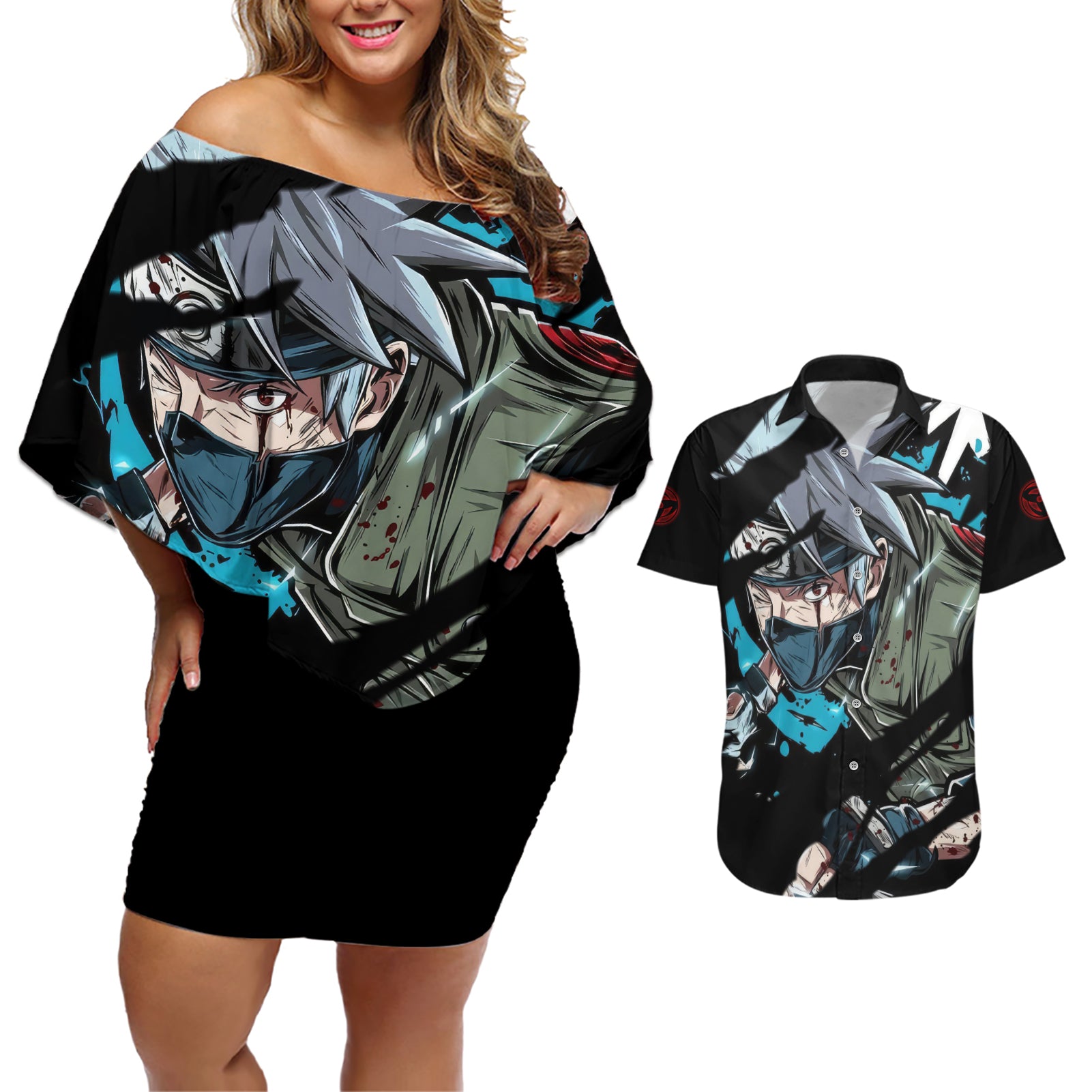 Hatake Kakashi Sharingan Eye Couples Matching Off Shoulder Short Dress and Hawaiian Shirt Naruto