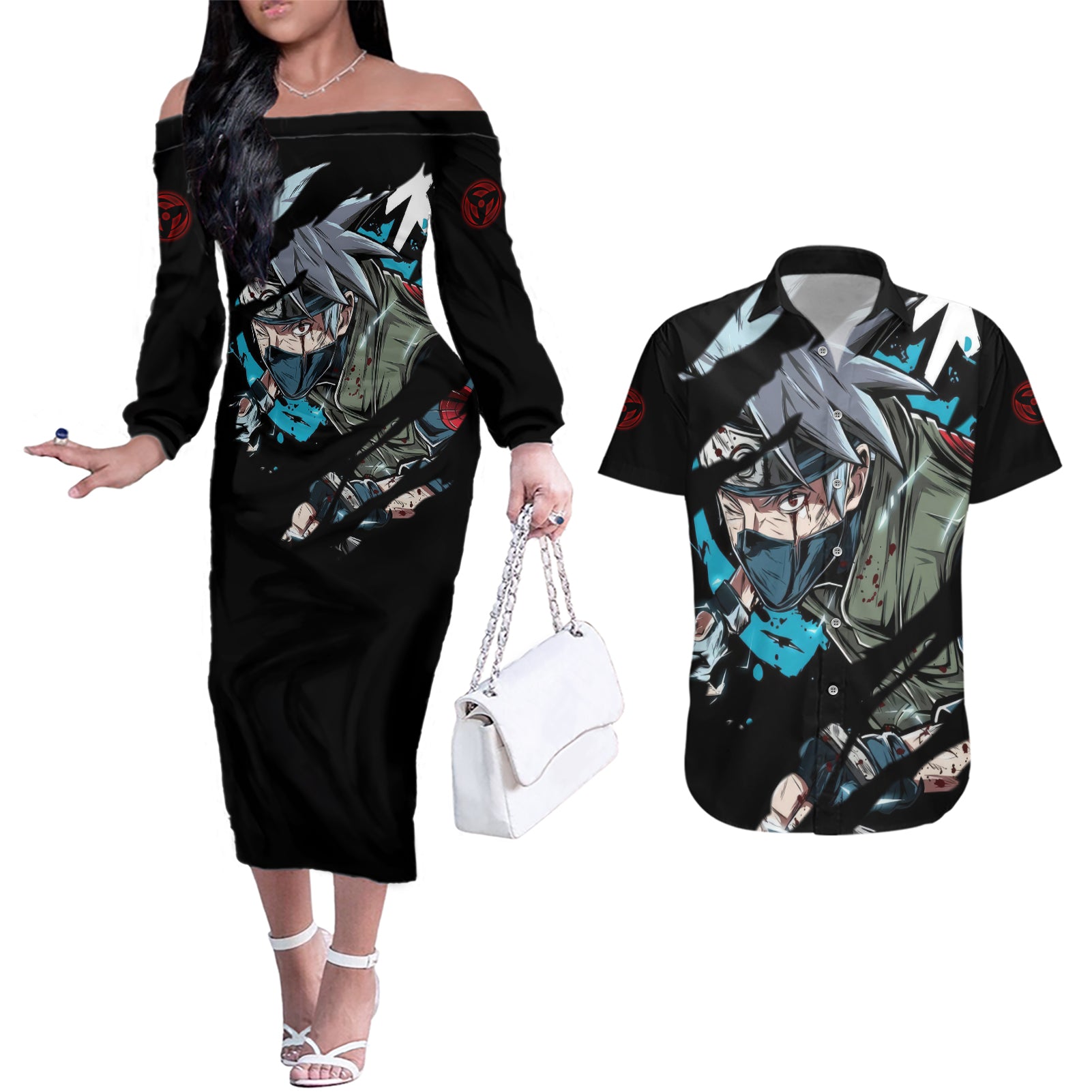 Hatake Kakashi Sharingan Eye Couples Matching Off The Shoulder Long Sleeve Dress and Hawaiian Shirt Naruto