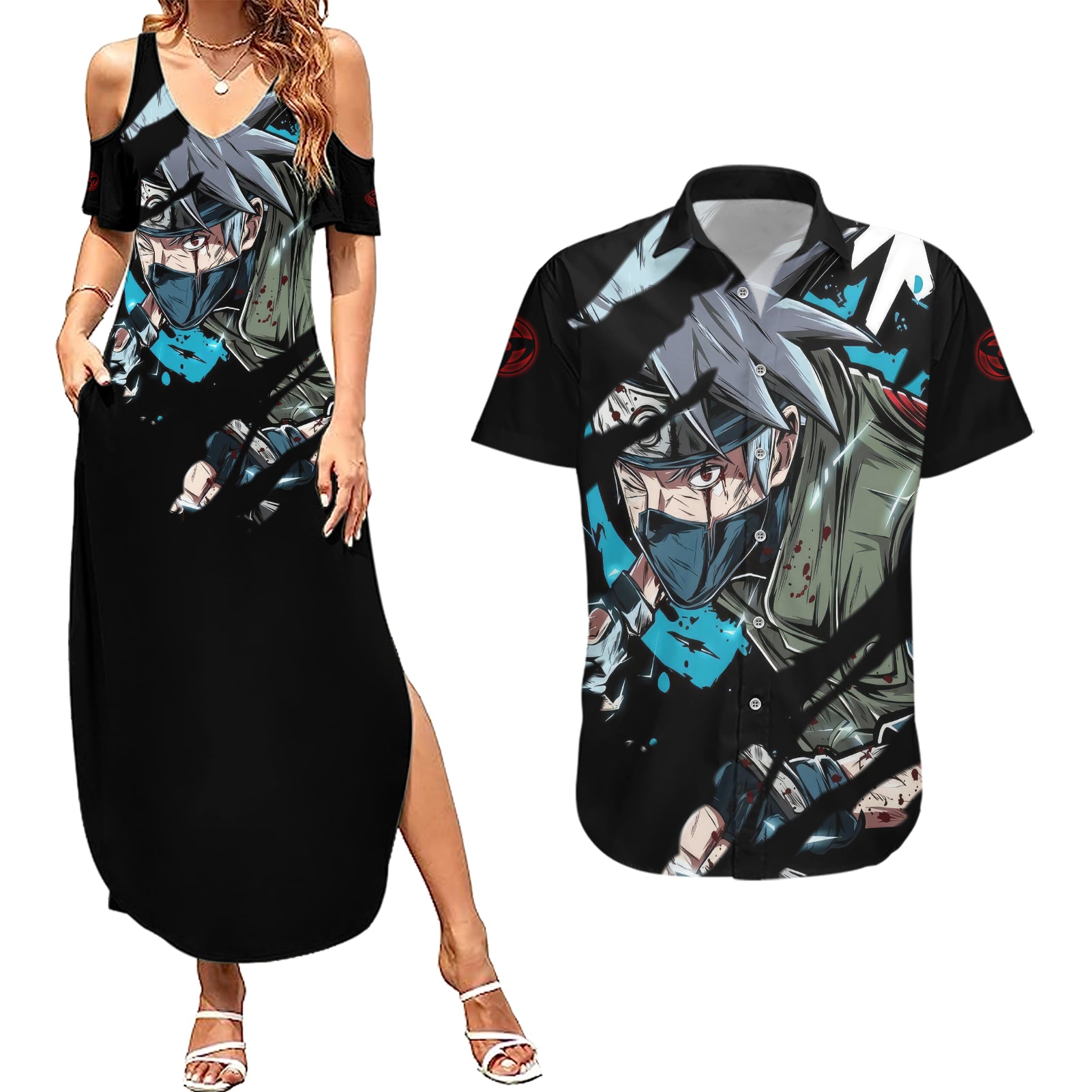 Hatake Kakashi Sharingan Eye Couples Matching Summer Maxi Dress and Hawaiian Shirt Naruto