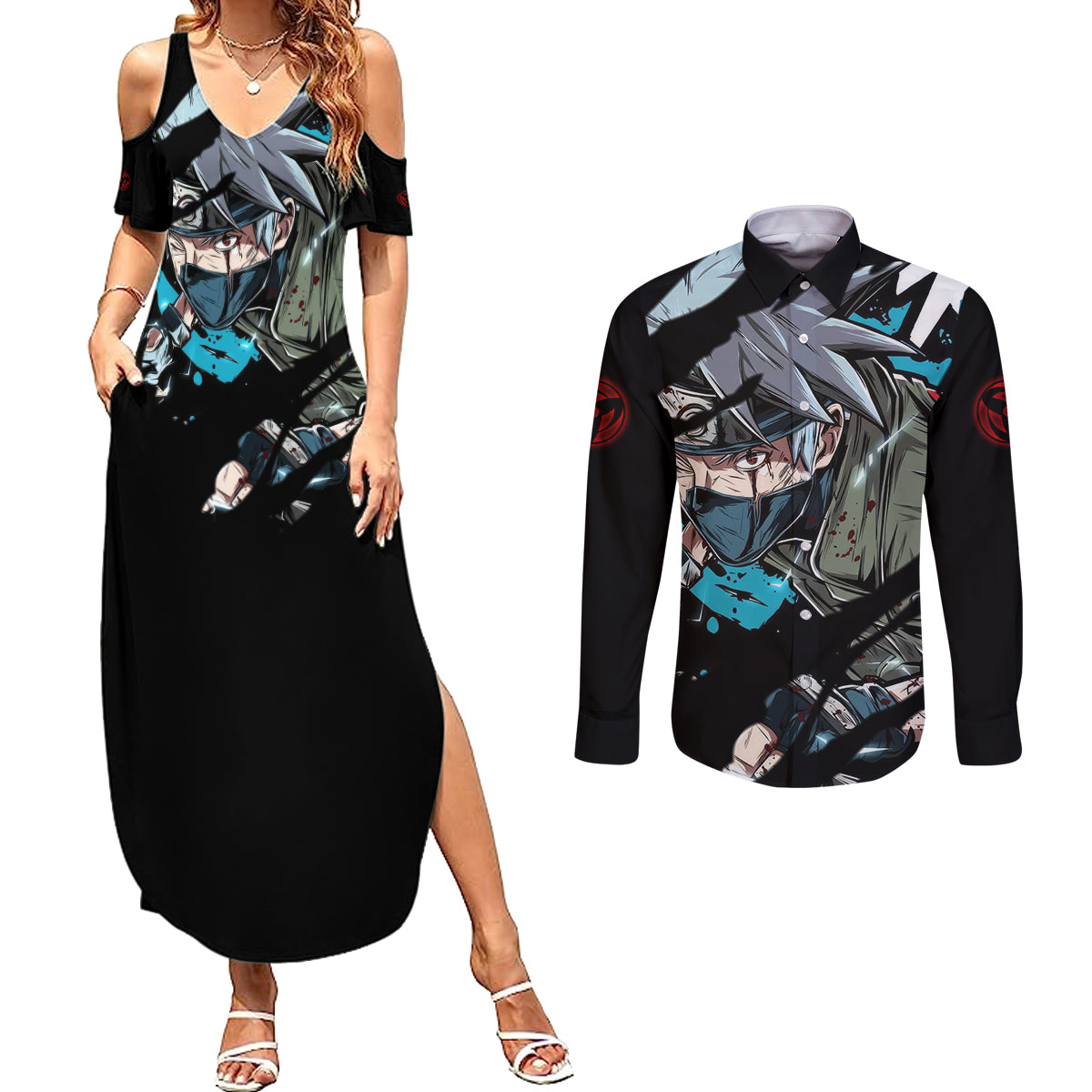 Hatake Kakashi Sharingan Eye Couples Matching Summer Maxi Dress and Long Sleeve Button Shirt Naruto