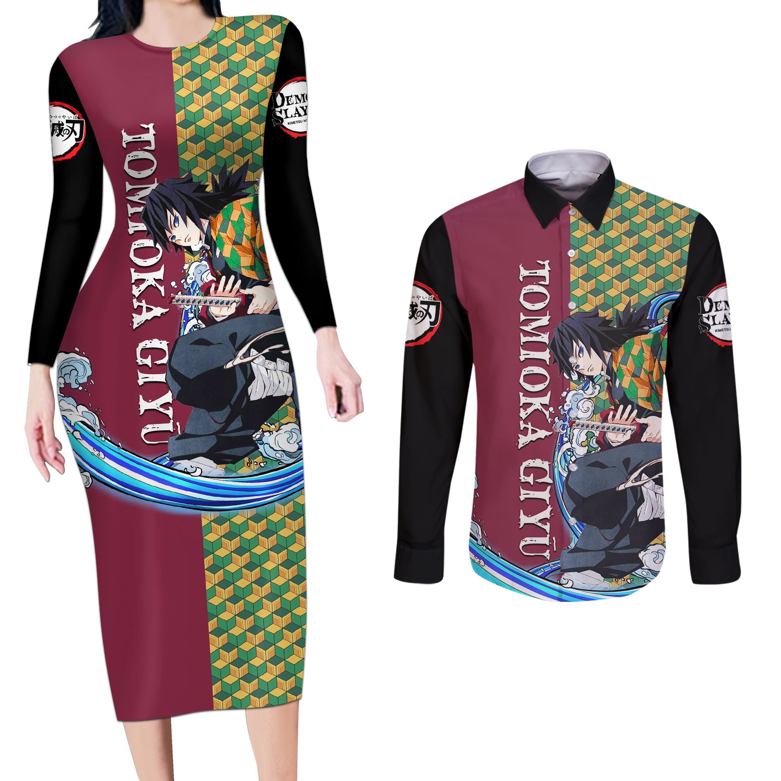 Tomioka Giyū - Demon Slayer Couples Matching Long Sleeve Bodycon Dress and Long Sleeve Button Shirt Anime Style