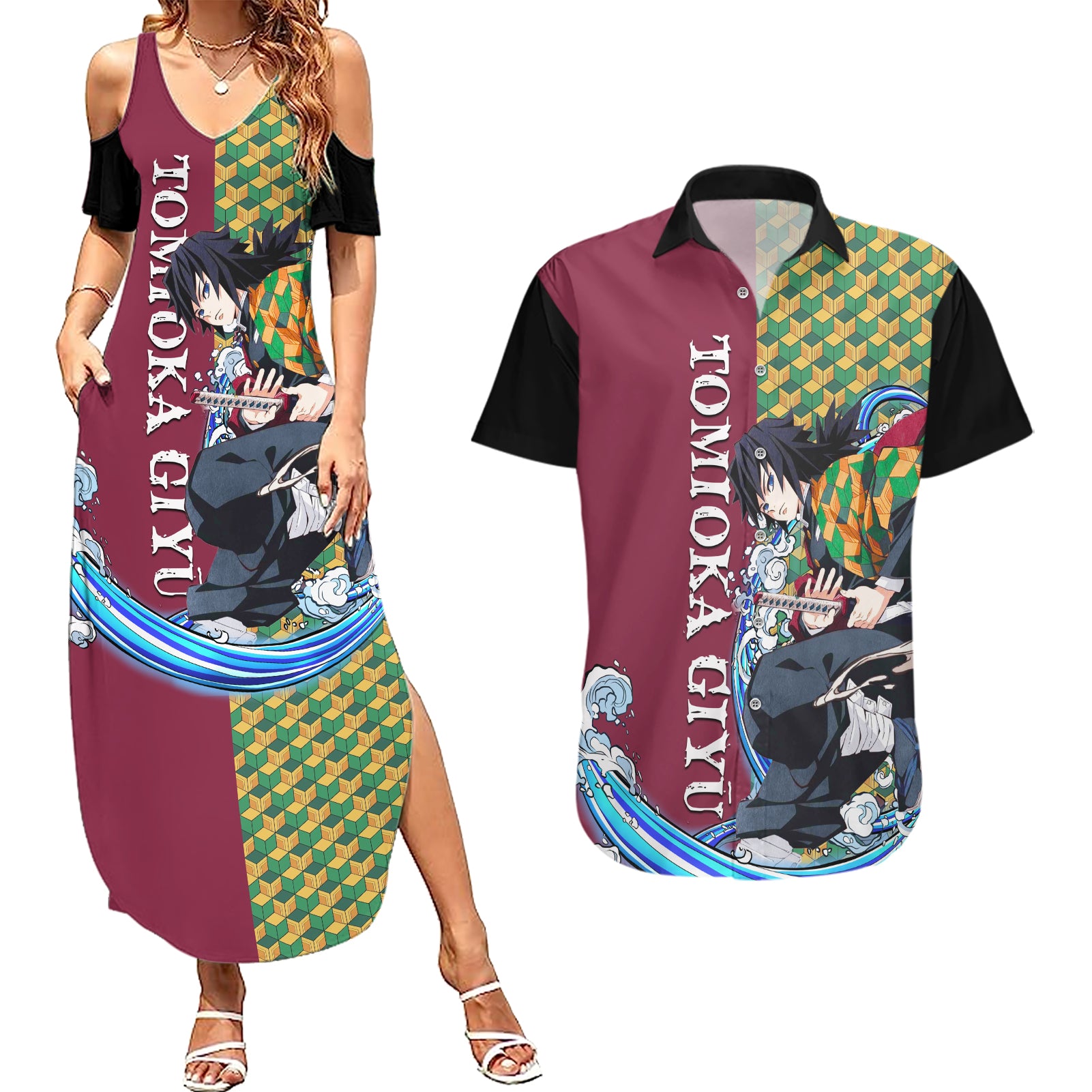 Tomioka Giyū - Demon Slayer Couples Matching Summer Maxi Dress and Hawaiian Shirt Anime Style