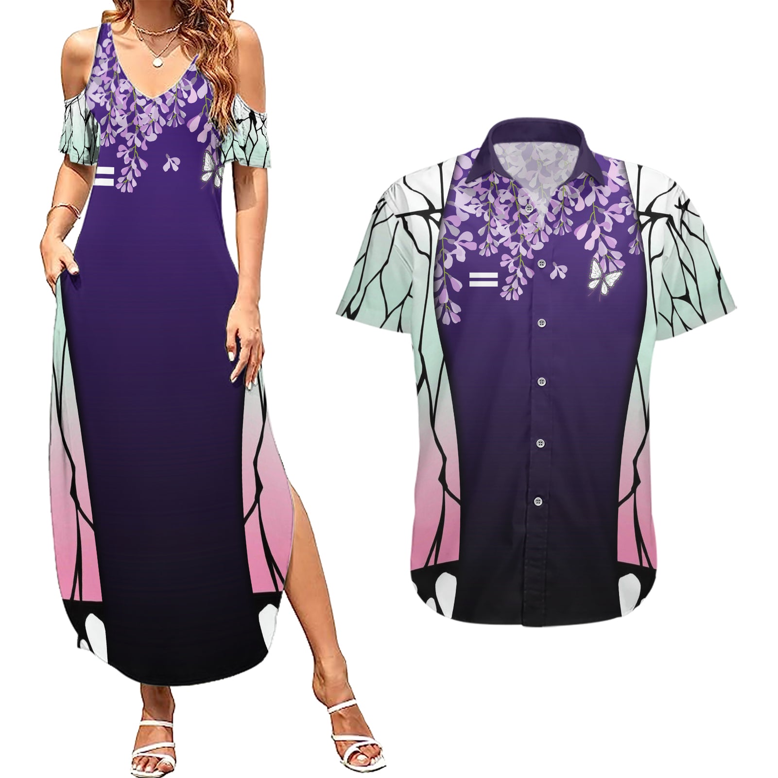 Shinobu Kocho - Demon Slayer Couples Matching Summer Maxi Dress and Hawaiian Shirt Anime Style Art