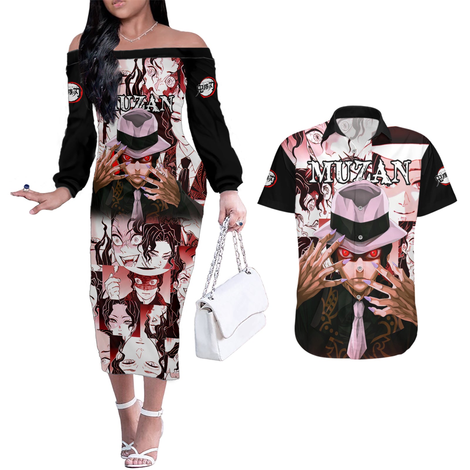 Muzan Kibutsuji Demon Slayer Couples Matching Off The Shoulder Long Sleeve Dress and Hawaiian Shirt Anime Mix Manga Style