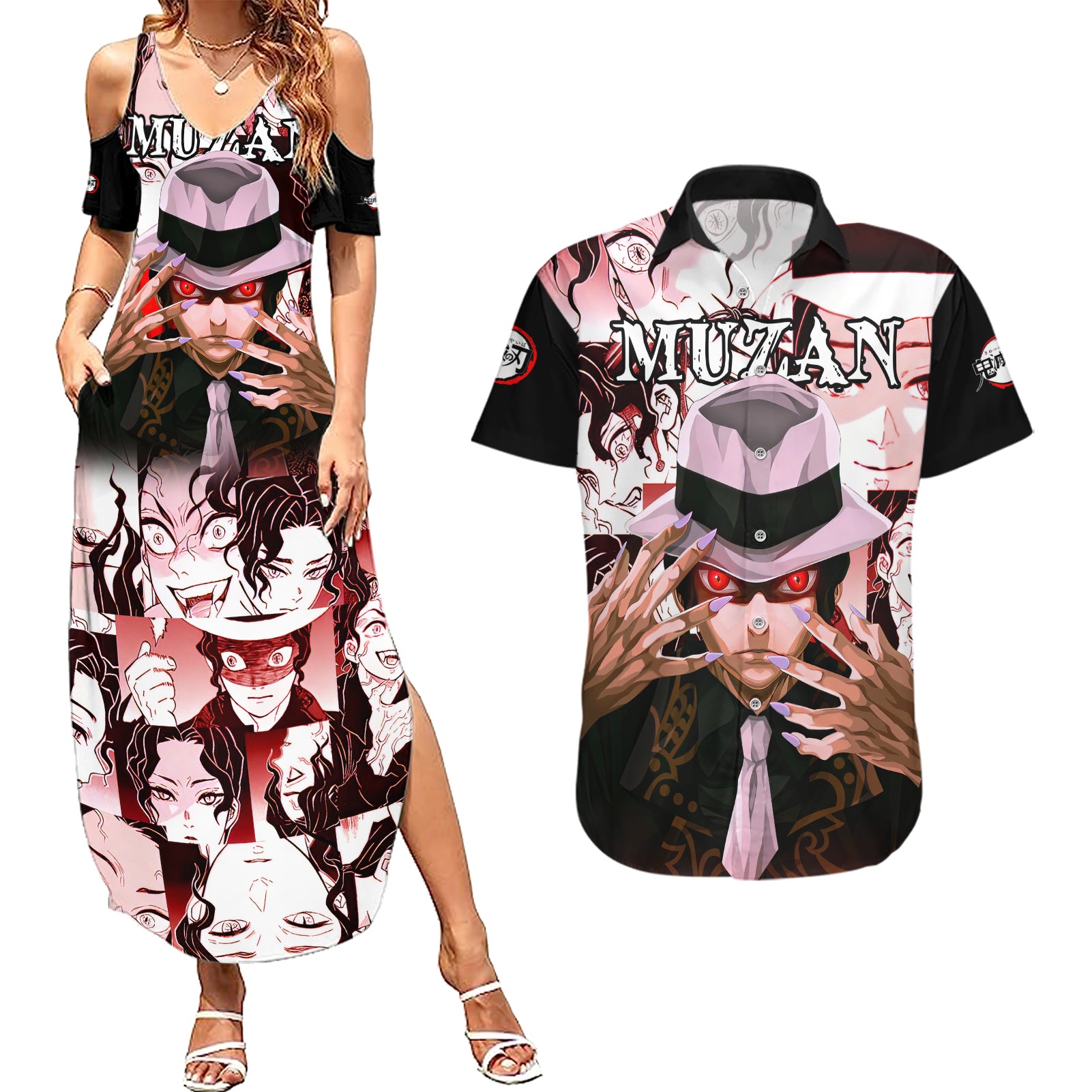 Muzan Kibutsuji Demon Slayer Couples Matching Summer Maxi Dress and Hawaiian Shirt Anime Mix Manga Style