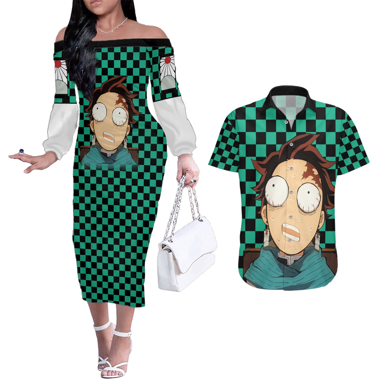 Kimetsu Tanjro Demon Slayer Couples Matching Off The Shoulder Long Sleeve Dress and Hawaiian Shirt Anime Style