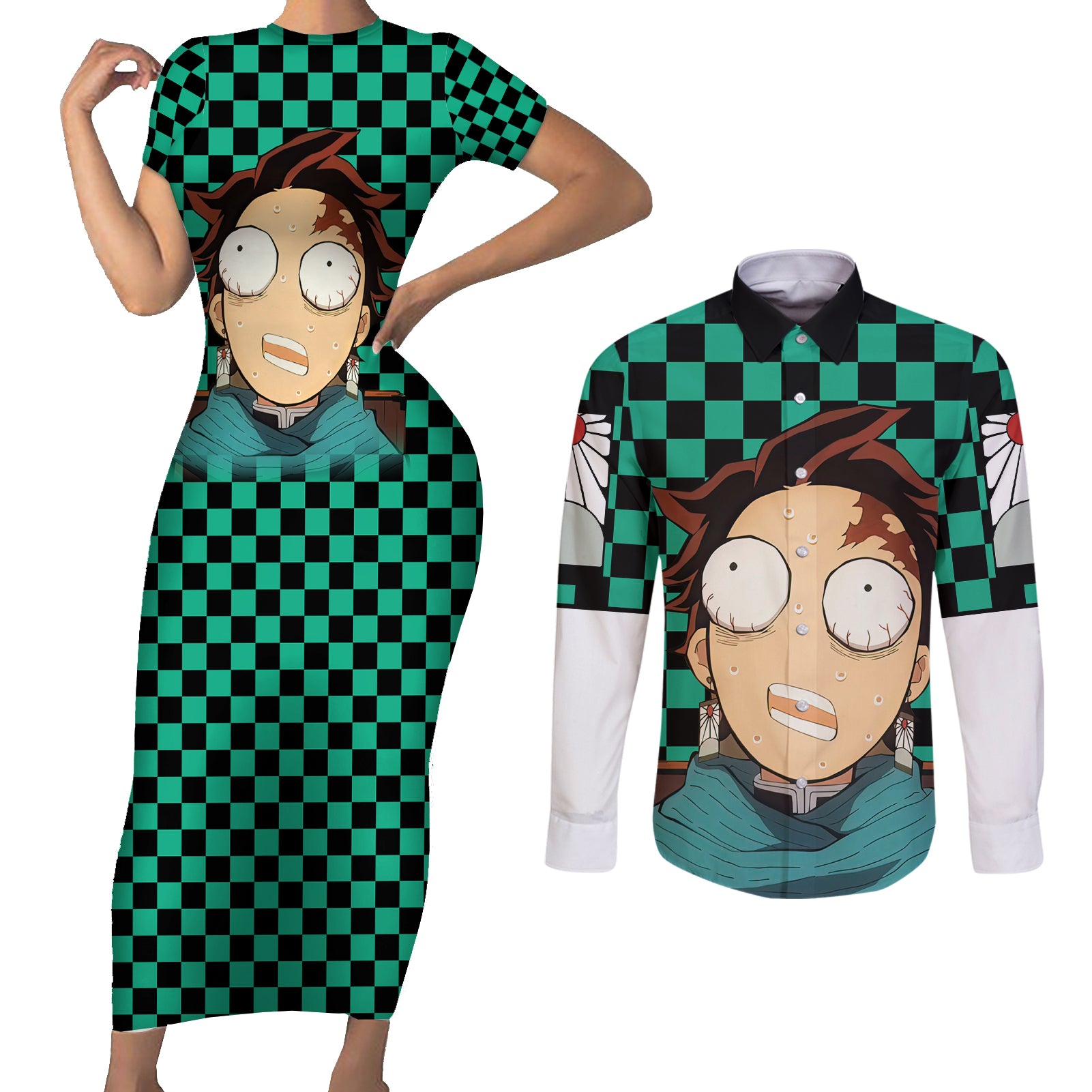 Kimetsu Tanjro Demon Slayer Couples Matching Short Sleeve Bodycon Dress and Long Sleeve Button Shirt Anime Style