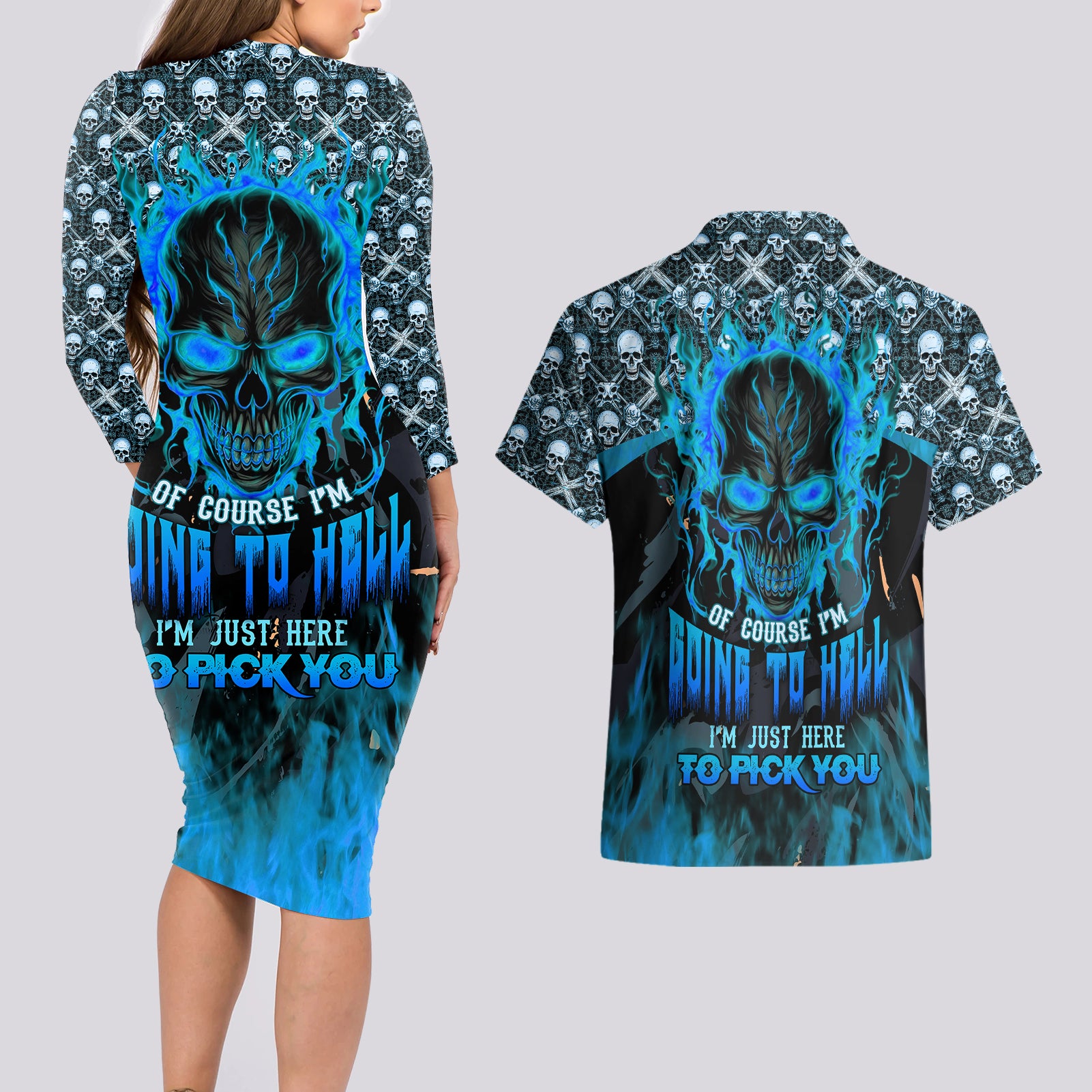 fire-skull-couples-matching-long-sleeve-bodycon-dress-and-hawaiian-shirt-of-course-im-going-to-hell-im-just-here-to-pick-you-up