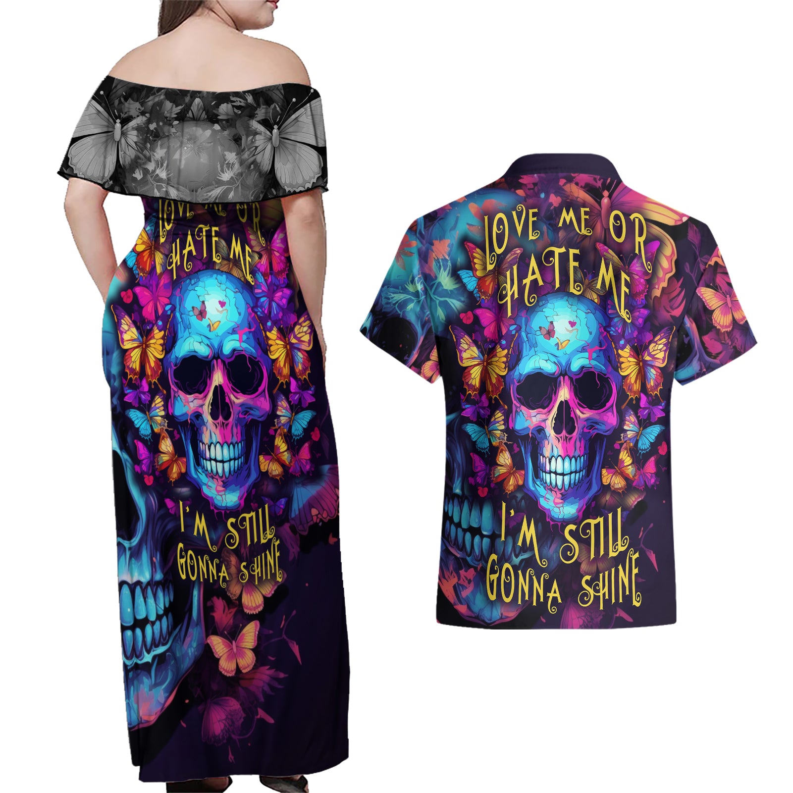 fantasy-skull-with-butterflies-couples-matching-off-shoulder-maxi-dress-and-hawaiian-shirt-love-me-or-hate-me-im-still-gonna-shine