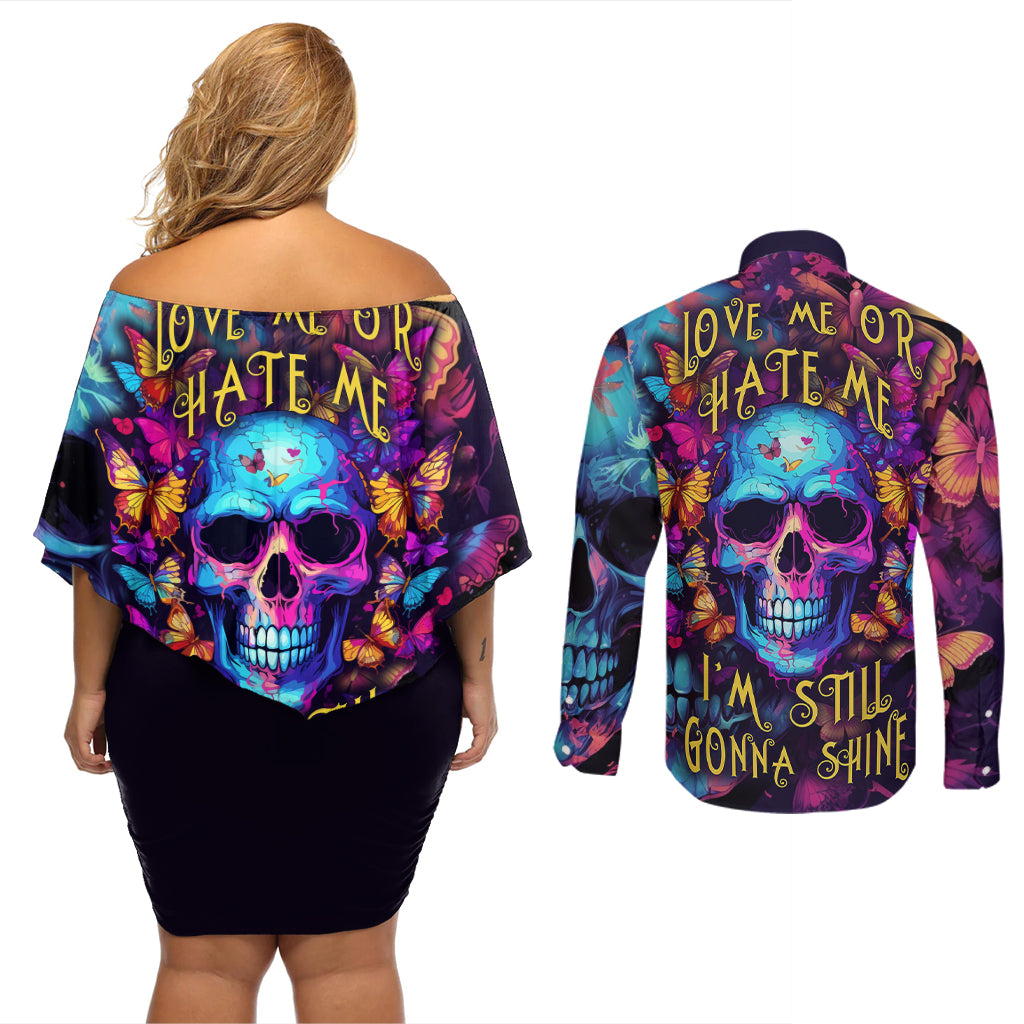 fantasy-skull-with-butterflies-couples-matching-off-shoulder-short-dress-and-long-sleeve-button-shirts-love-me-or-hate-me-im-still-gonna-shine