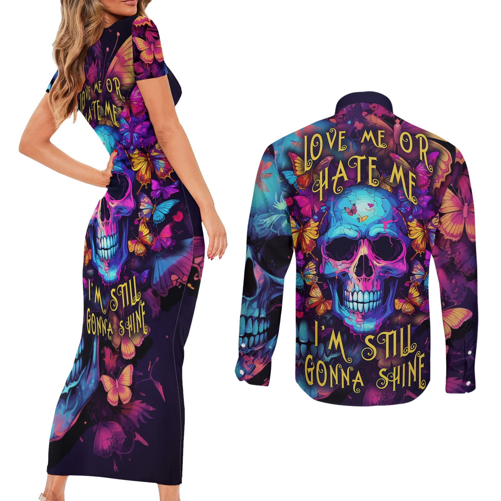 fantasy-skull-with-butterflies-couples-matching-short-sleeve-bodycon-dress-and-long-sleeve-button-shirts-love-me-or-hate-me-im-still-gonna-shine